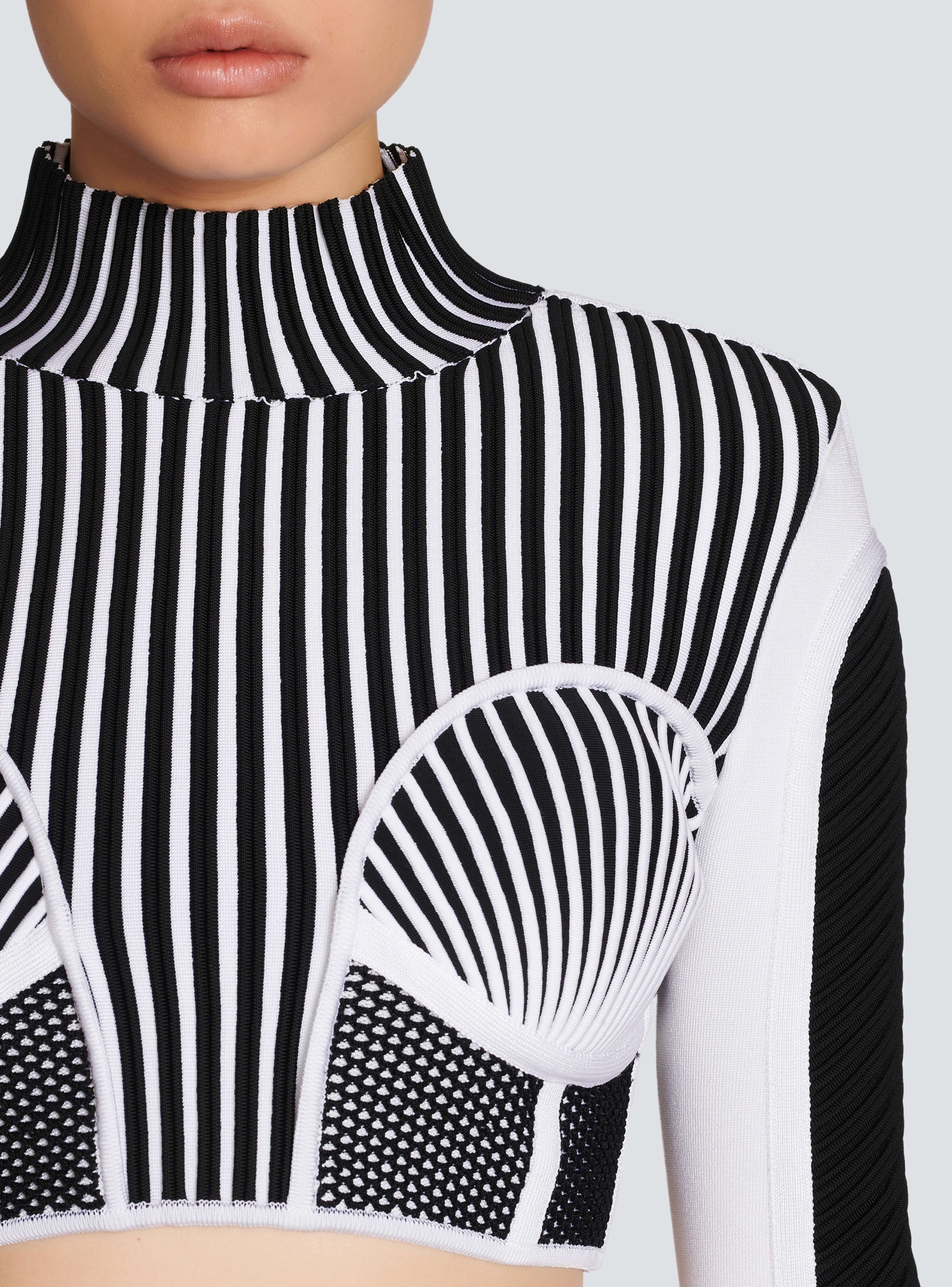 BALMAIN WOMEN'S BLACK AND WHITE KNIT MESH CROPPED TOP