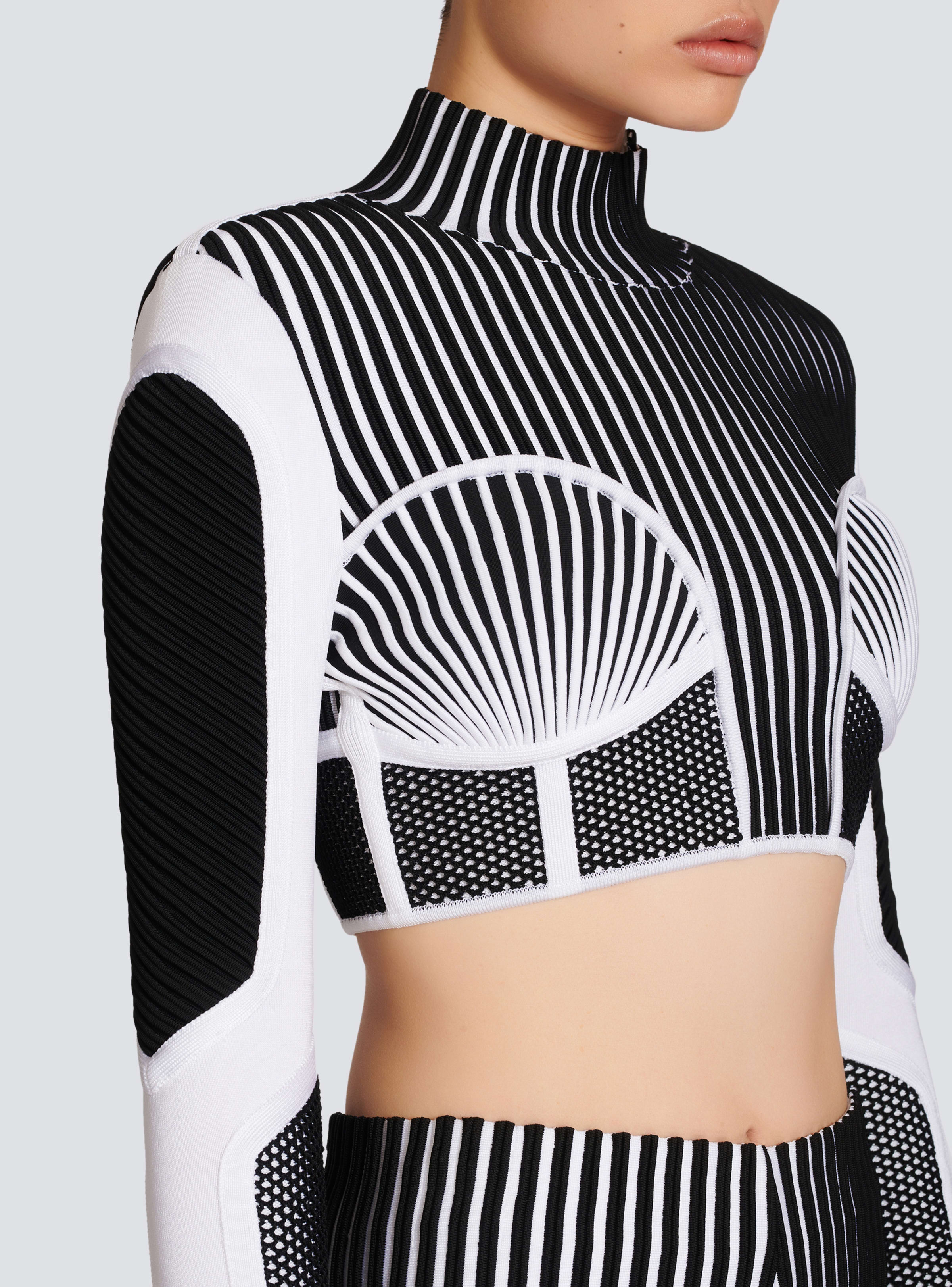 BALMAIN WOMEN'S BLACK AND WHITE KNIT MESH CROPPED TOP