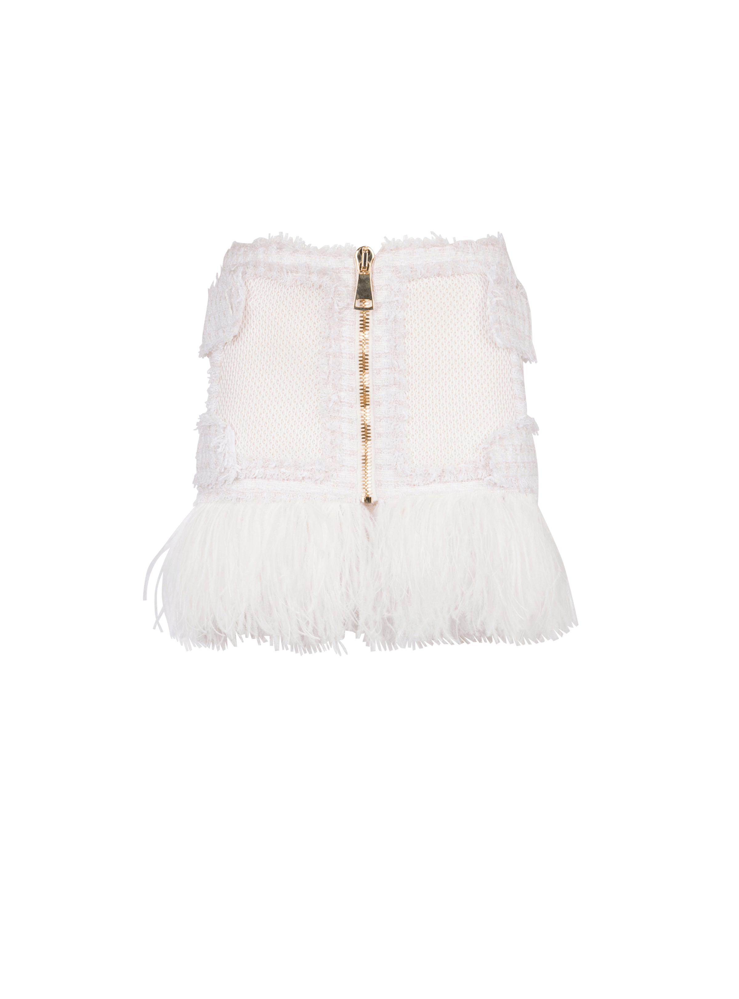BALMAIN WOMEN'S FEATHER FRINGED MESH & TWEED MINI SKIRT NWT