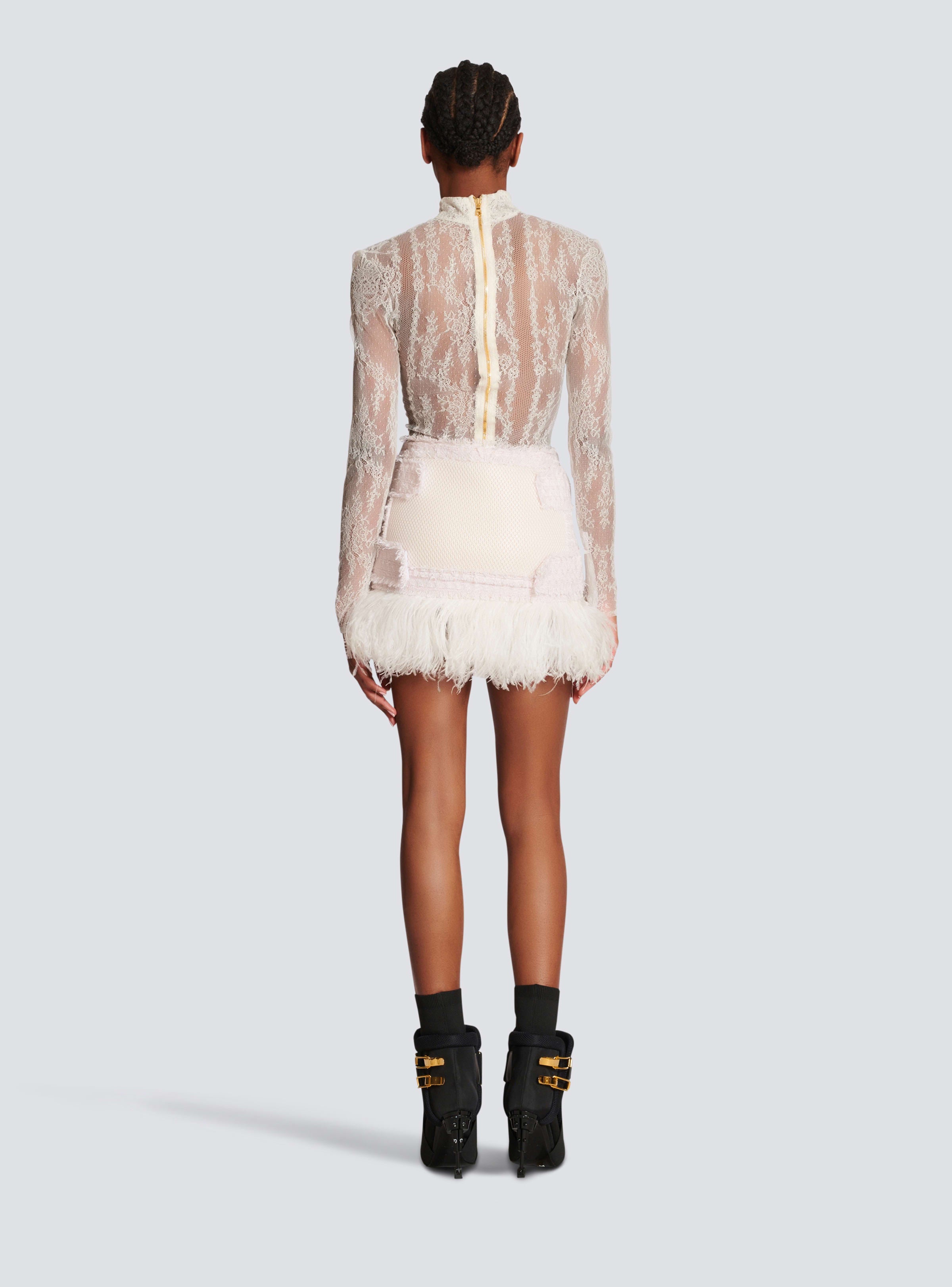 BALMAIN WOMEN'S FEATHER FRINGED MESH & TWEED MINI SKIRT NWT