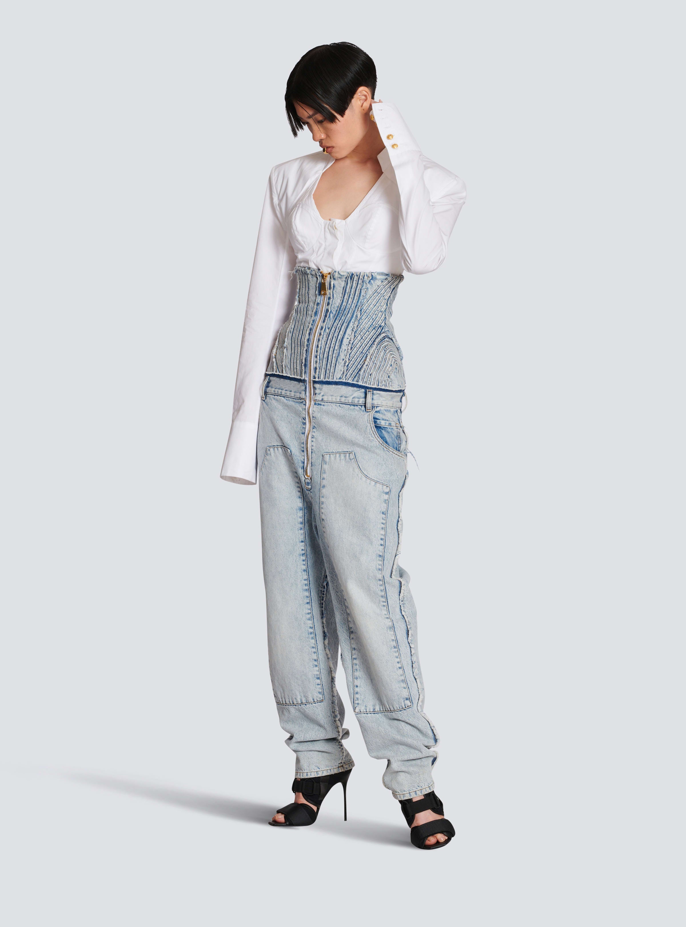 BALMAIN WOMEN'S LIGHT BLUE HIGH-WAISTED JEANS