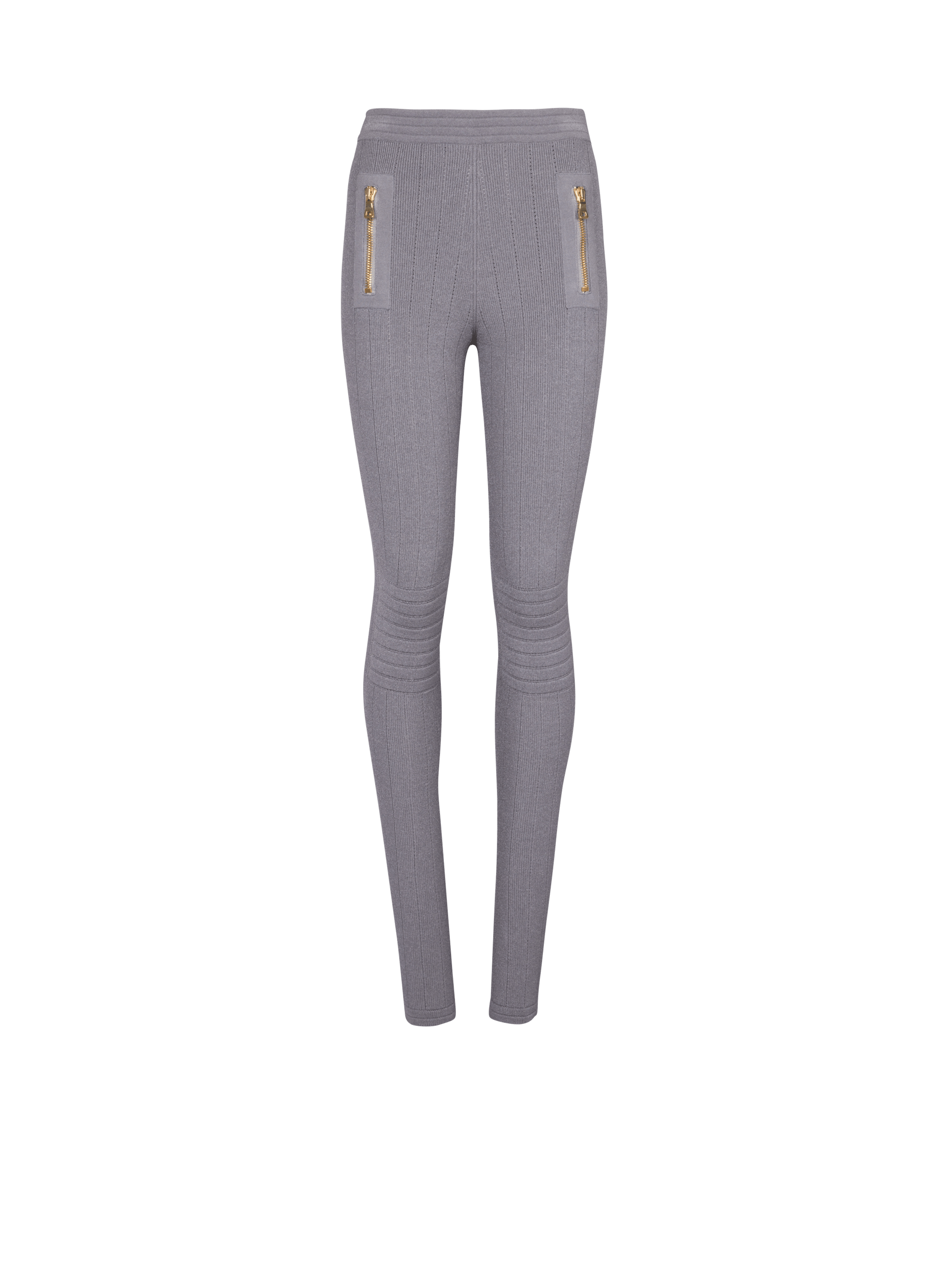 BALMAIN WOMEN'S LIGHT GREY RIBBED KNIT ZIPPED LEGGINGS