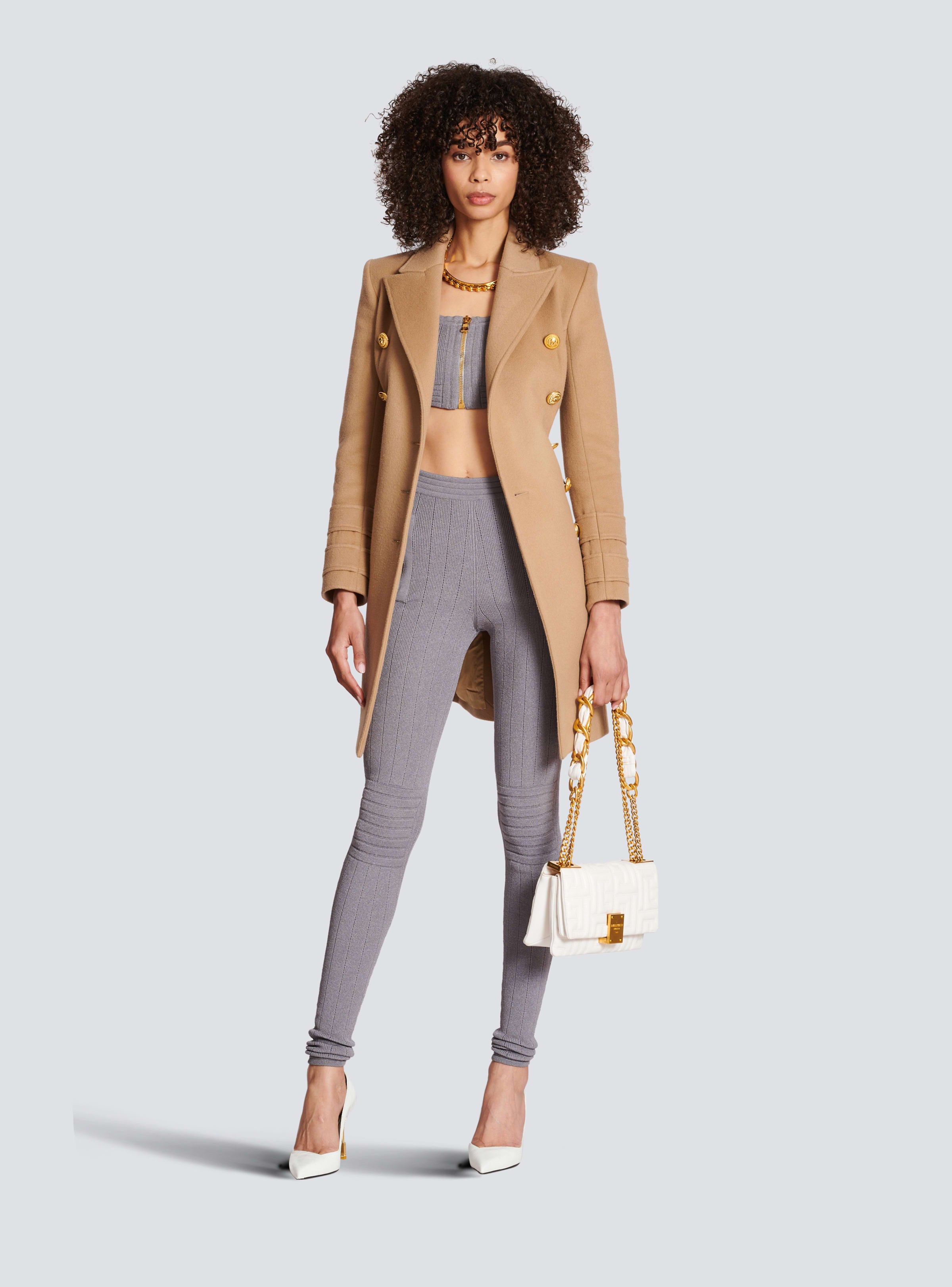 BALMAIN WOMEN'S LIGHT GREY RIBBED KNIT ZIPPED LEGGINGS