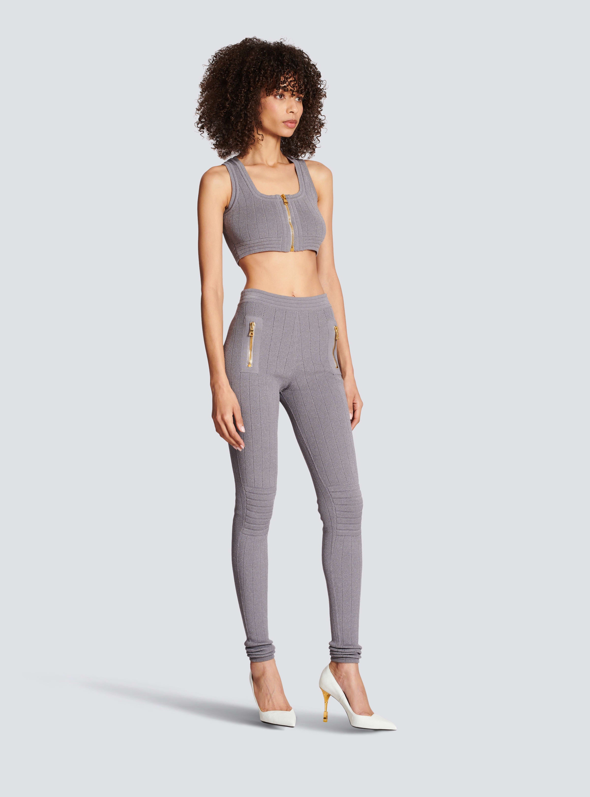 BALMAIN WOMEN'S LIGHT GREY RIBBED KNIT ZIPPED LEGGINGS