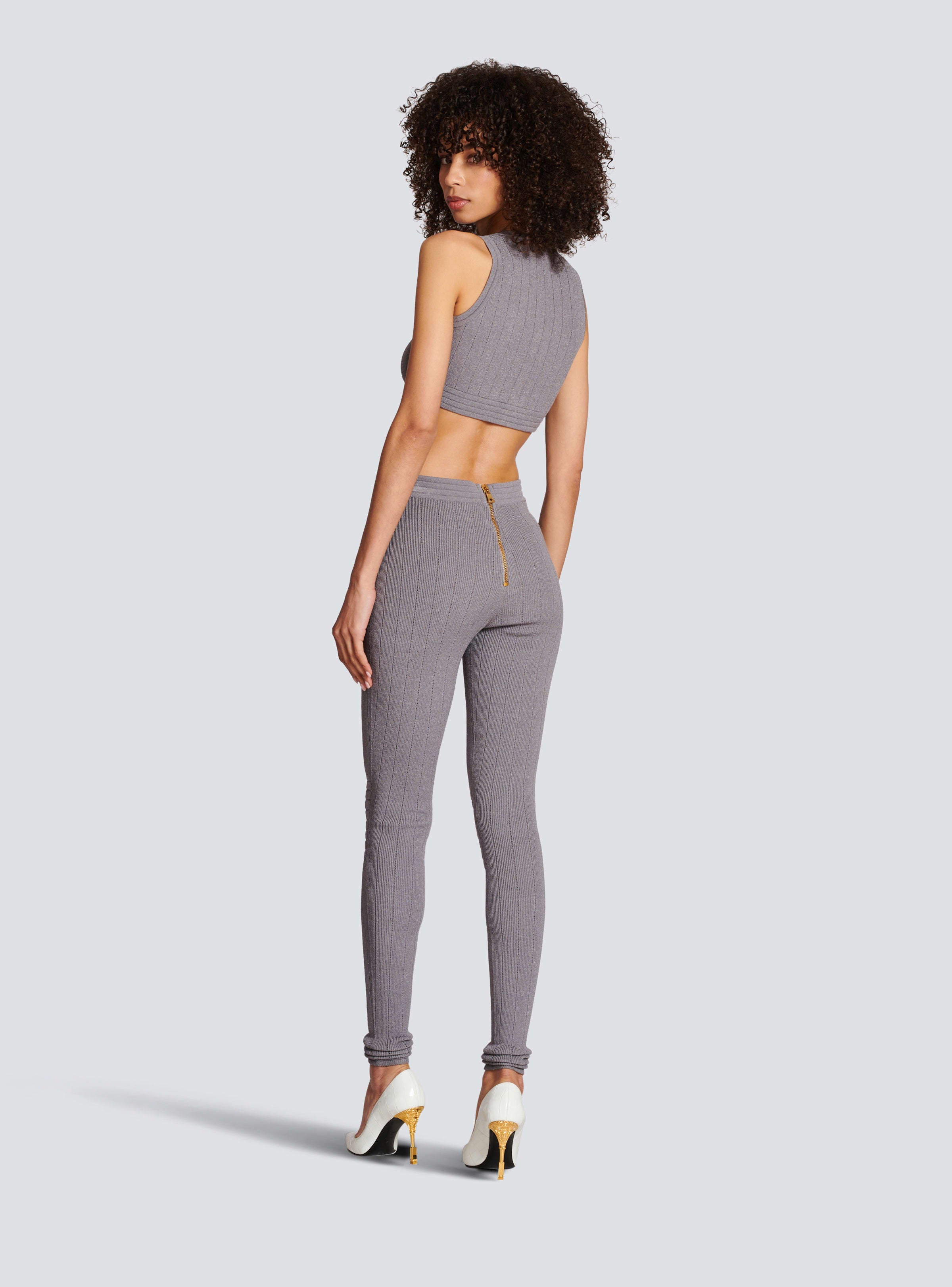 BALMAIN WOMEN'S LIGHT GREY RIBBED KNIT ZIPPED LEGGINGS