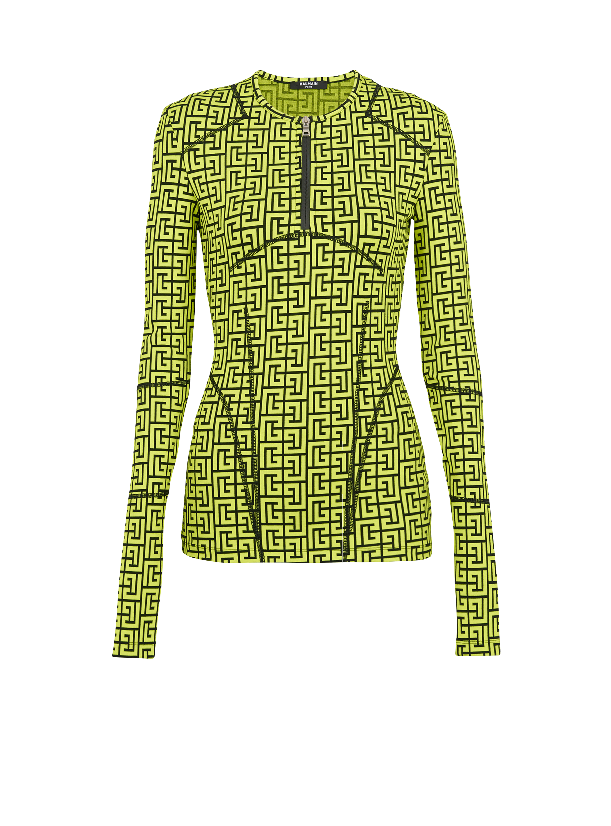 BALMAIN WOMEN'S BLACK NEON YELLOW MONOGRAM ZIPPED TOP