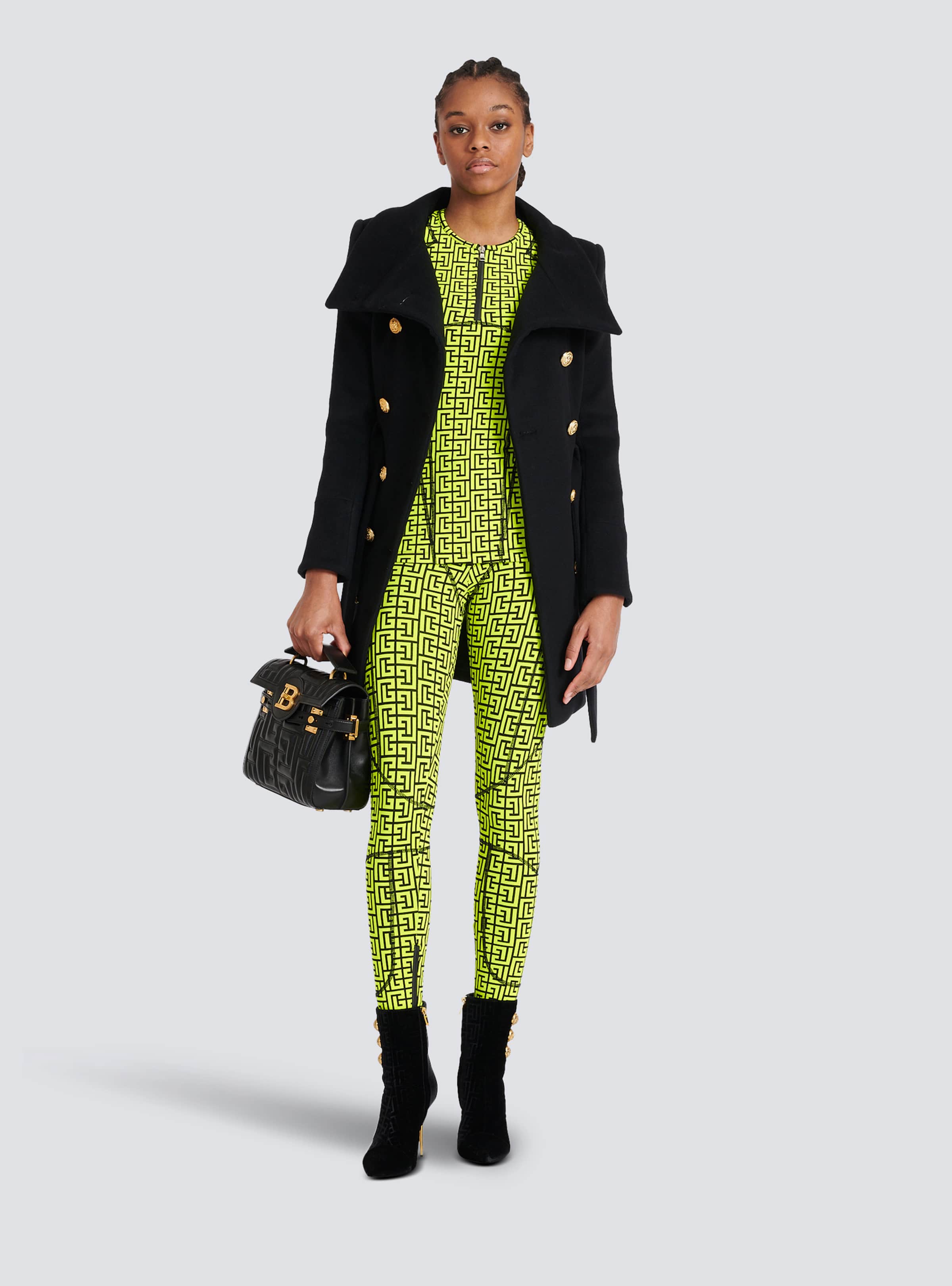 BALMAIN WOMEN'S BLACK NEON YELLOW MONOGRAM ZIPPED TOP