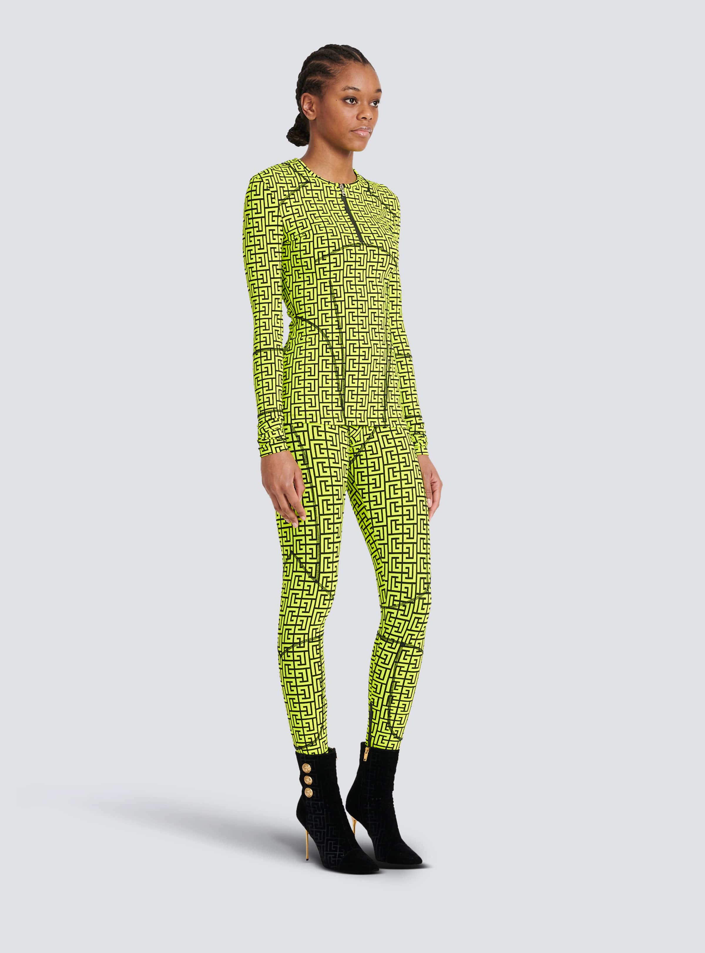 BALMAIN WOMEN'S BLACK NEON YELLOW MONOGRAM ZIPPED TOP