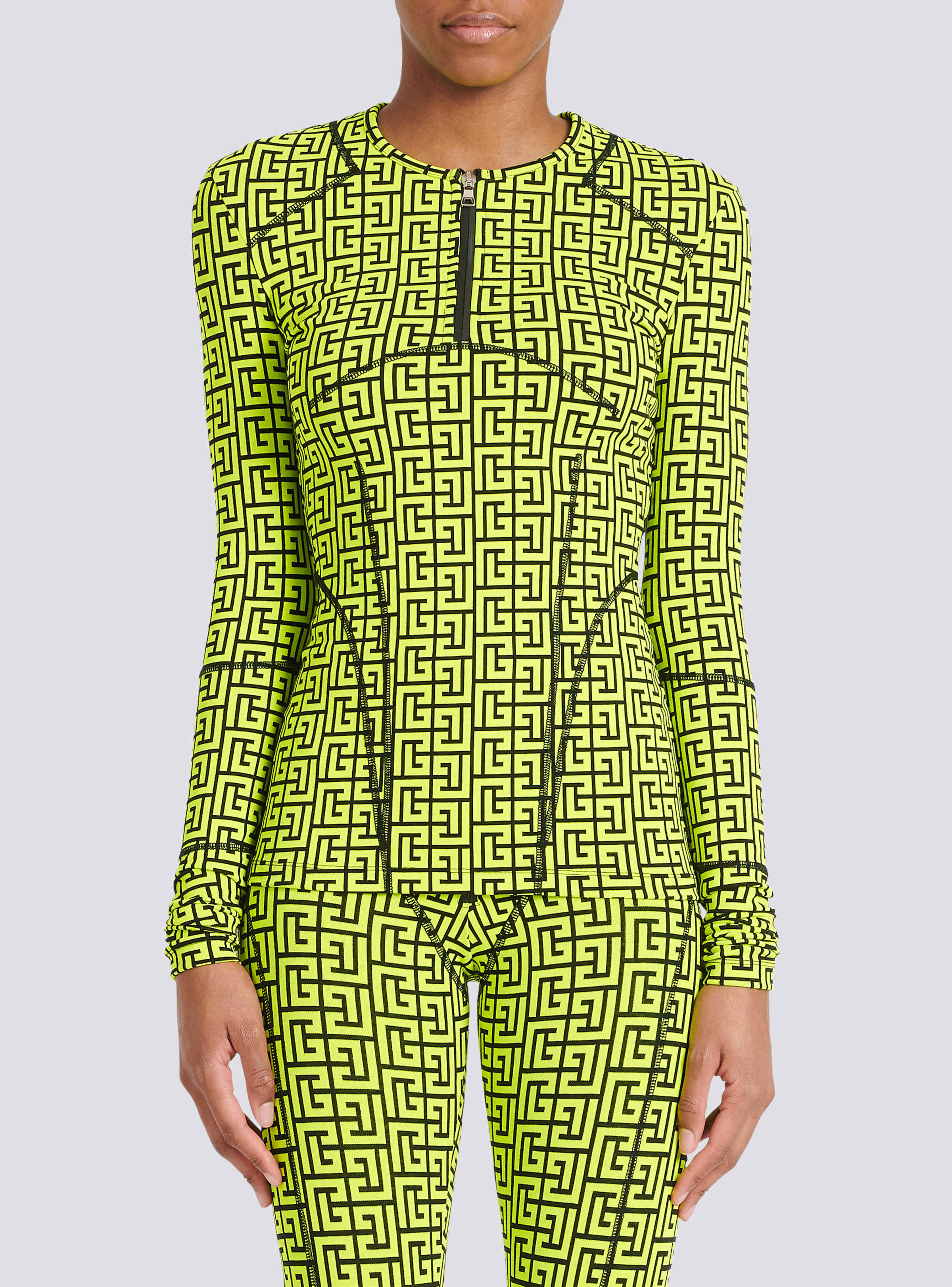 BALMAIN WOMEN'S BLACK NEON YELLOW MONOGRAM ZIPPED TOP