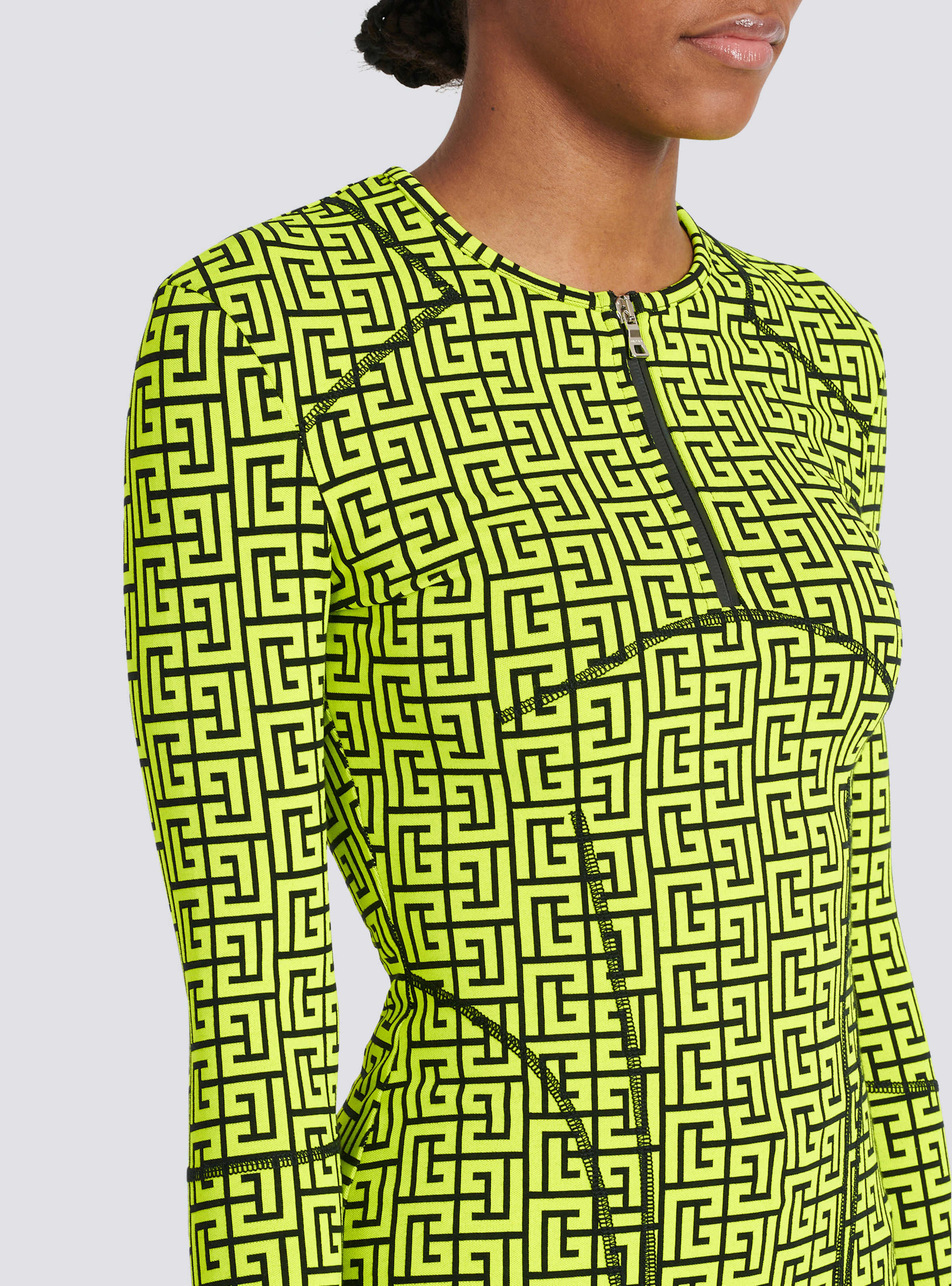 BALMAIN WOMEN'S BLACK NEON YELLOW MONOGRAM ZIPPED TOP