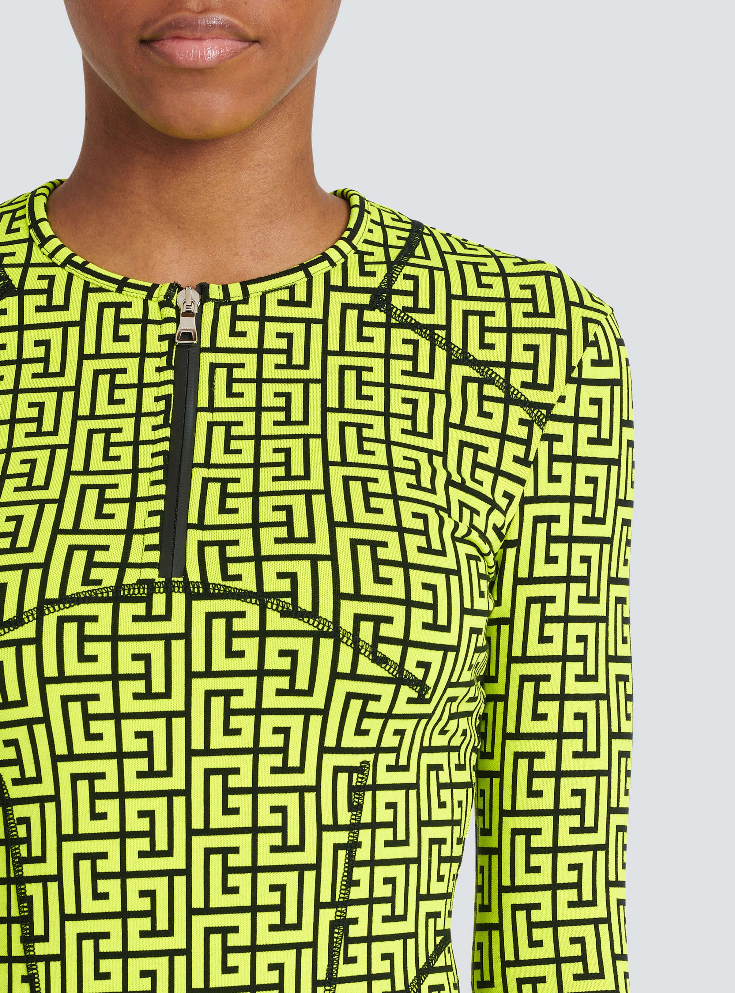 BALMAIN WOMEN'S BLACK NEON YELLOW MONOGRAM ZIPPED TOP