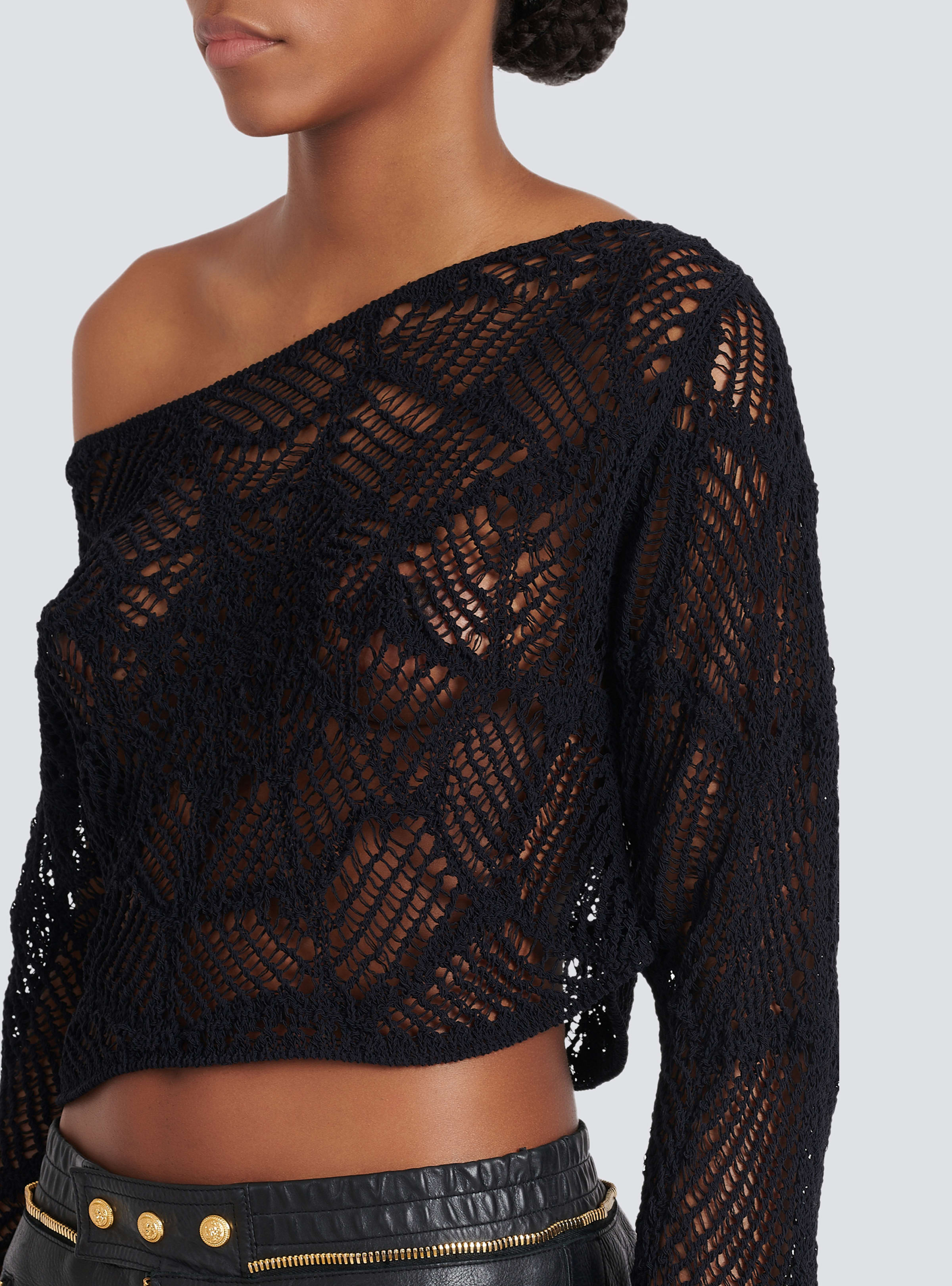BALMAIN WOMEN'S LS OFF SHOULDER CROPPED CROCHET KNIT TOP NWT
