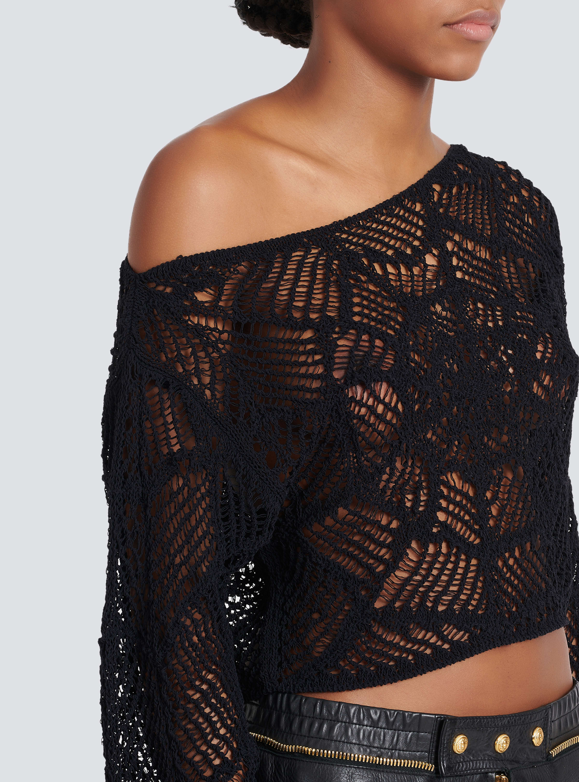 BALMAIN WOMEN'S LS OFF SHOULDER CROPPED CROCHET KNIT TOP NWT