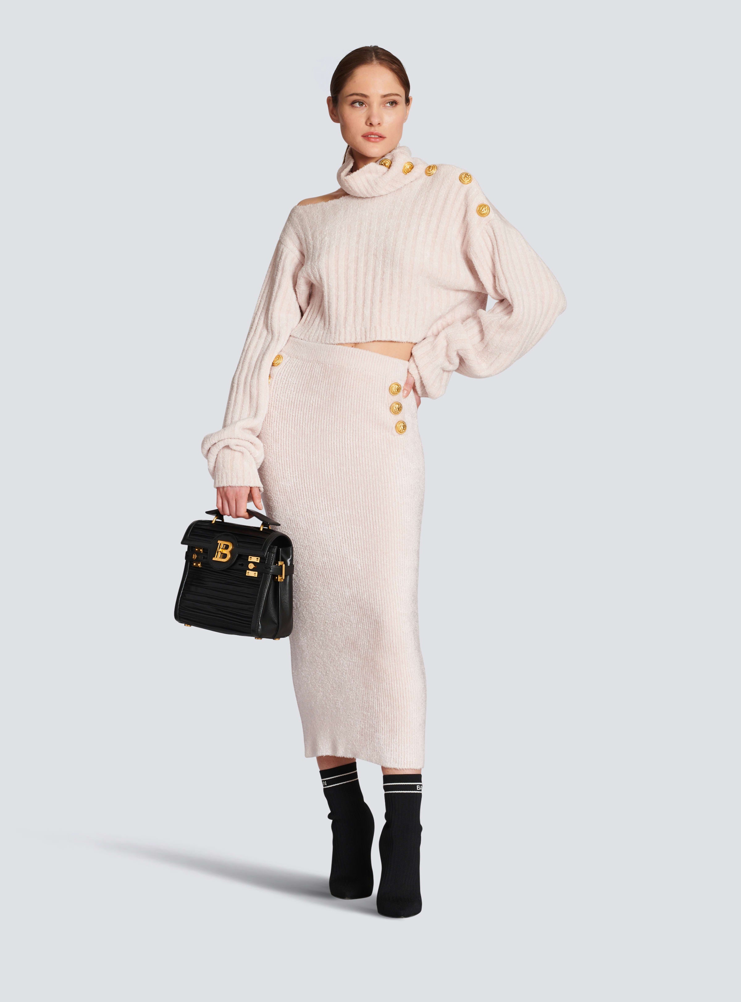 BALMAIN WOMEN'S OFF-WHITE RIBBED VELVET MIDI SKIRT