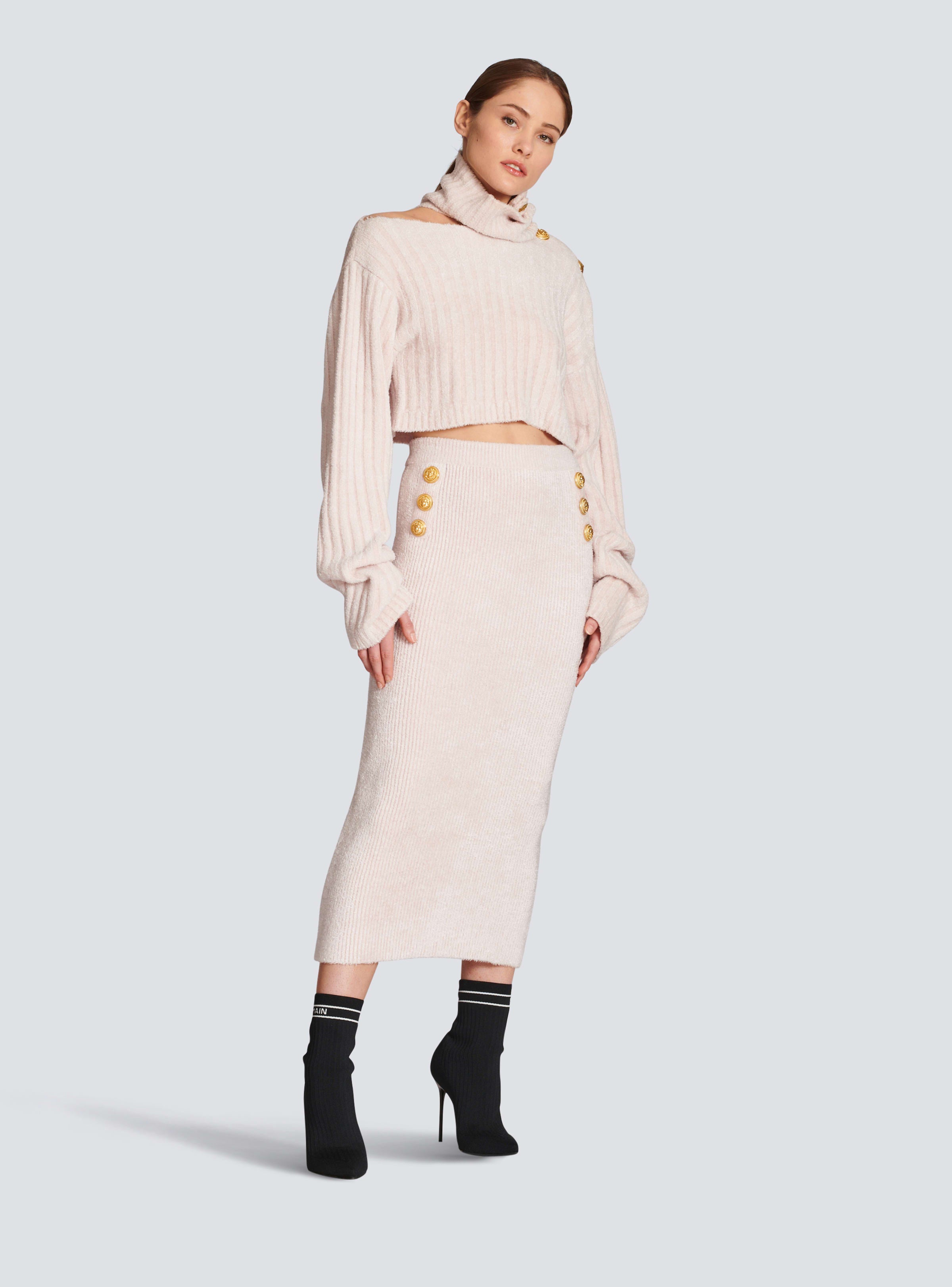 BALMAIN WOMEN'S OFF-WHITE RIBBED VELVET MIDI SKIRT