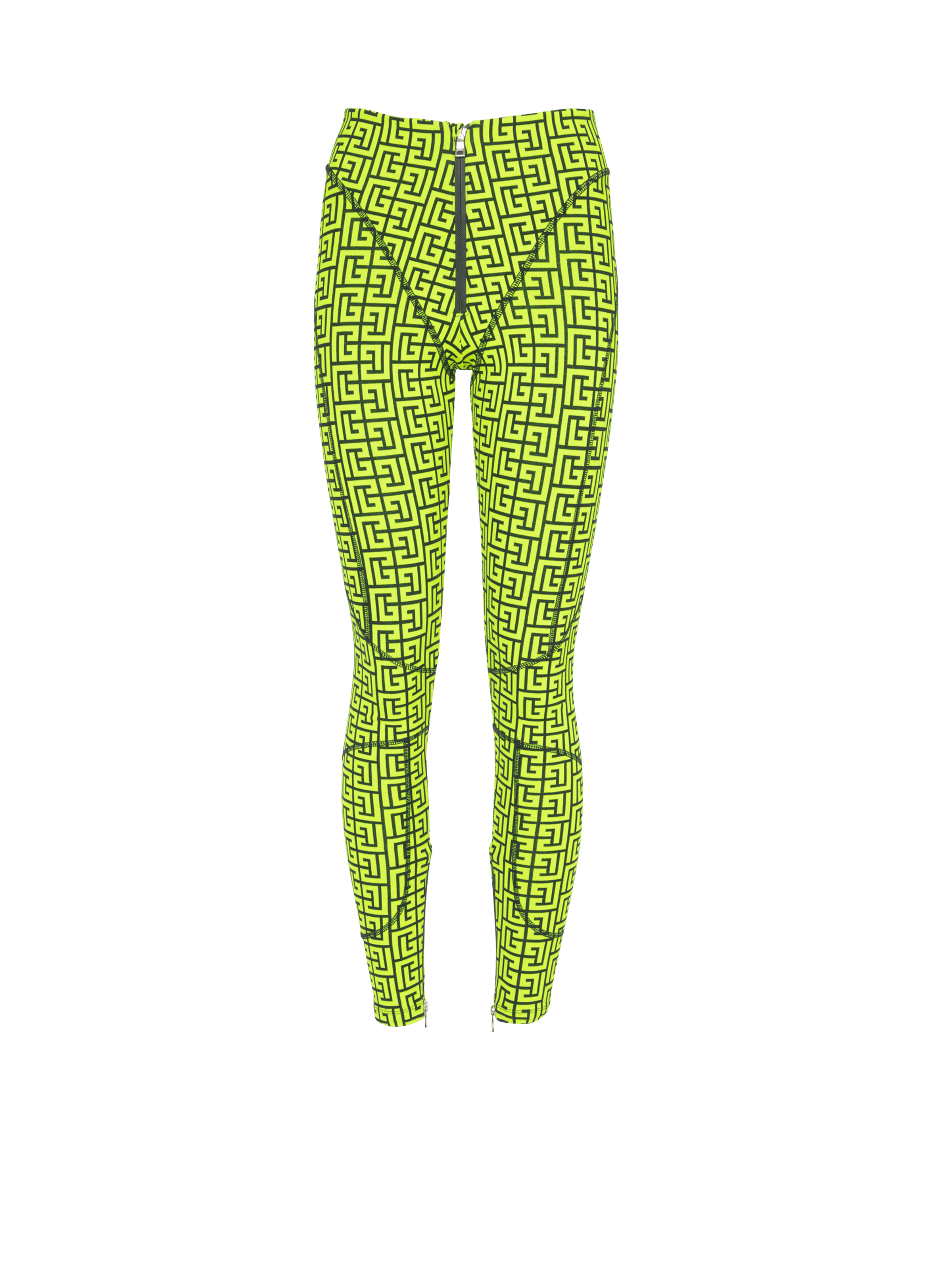 BALMAIN WOMEN'S BLACK NEON YELLOW MONOGRAM LEGGINGS