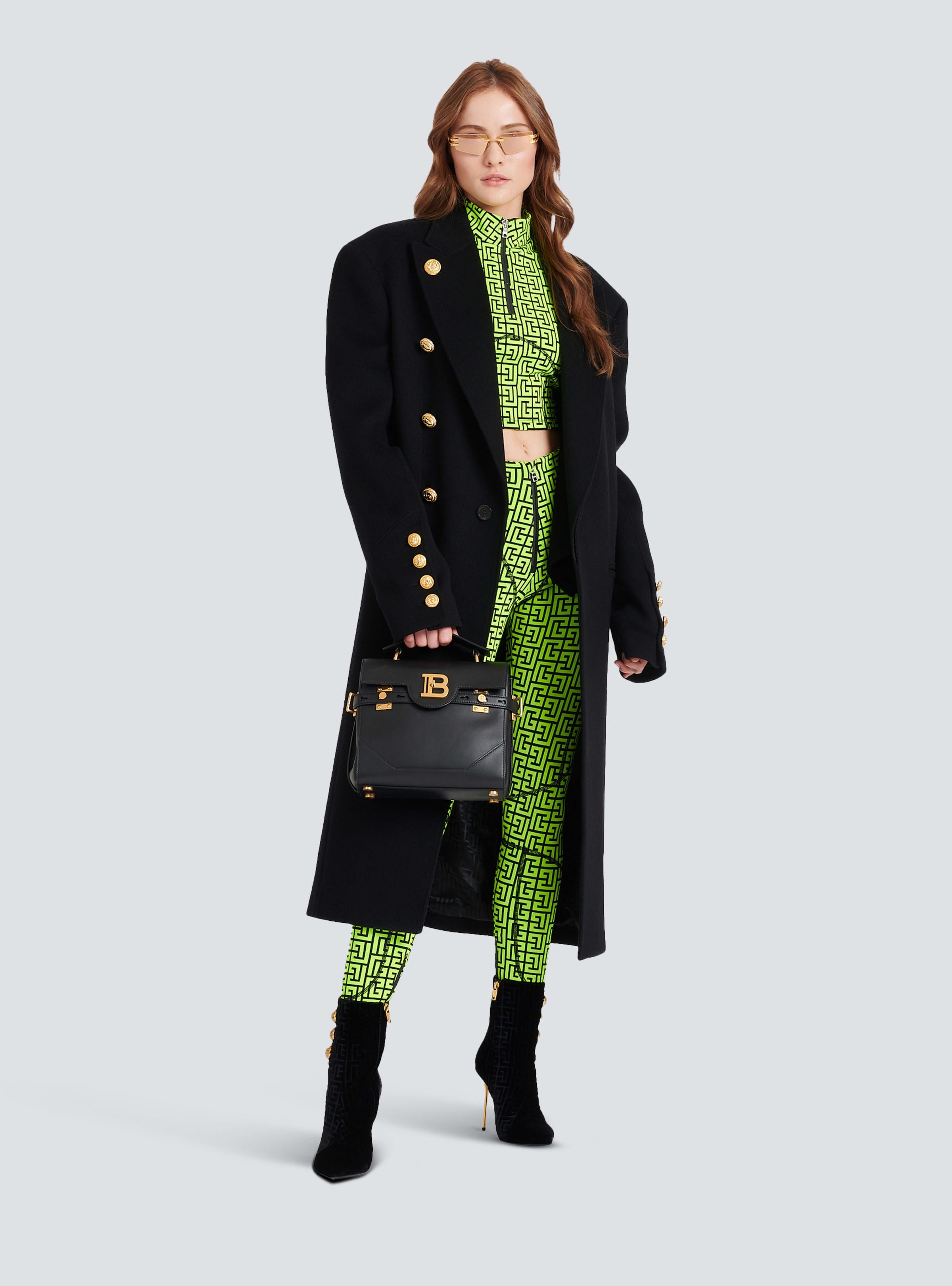 BALMAIN WOMEN'S BLACK NEON YELLOW MONOGRAM LEGGINGS