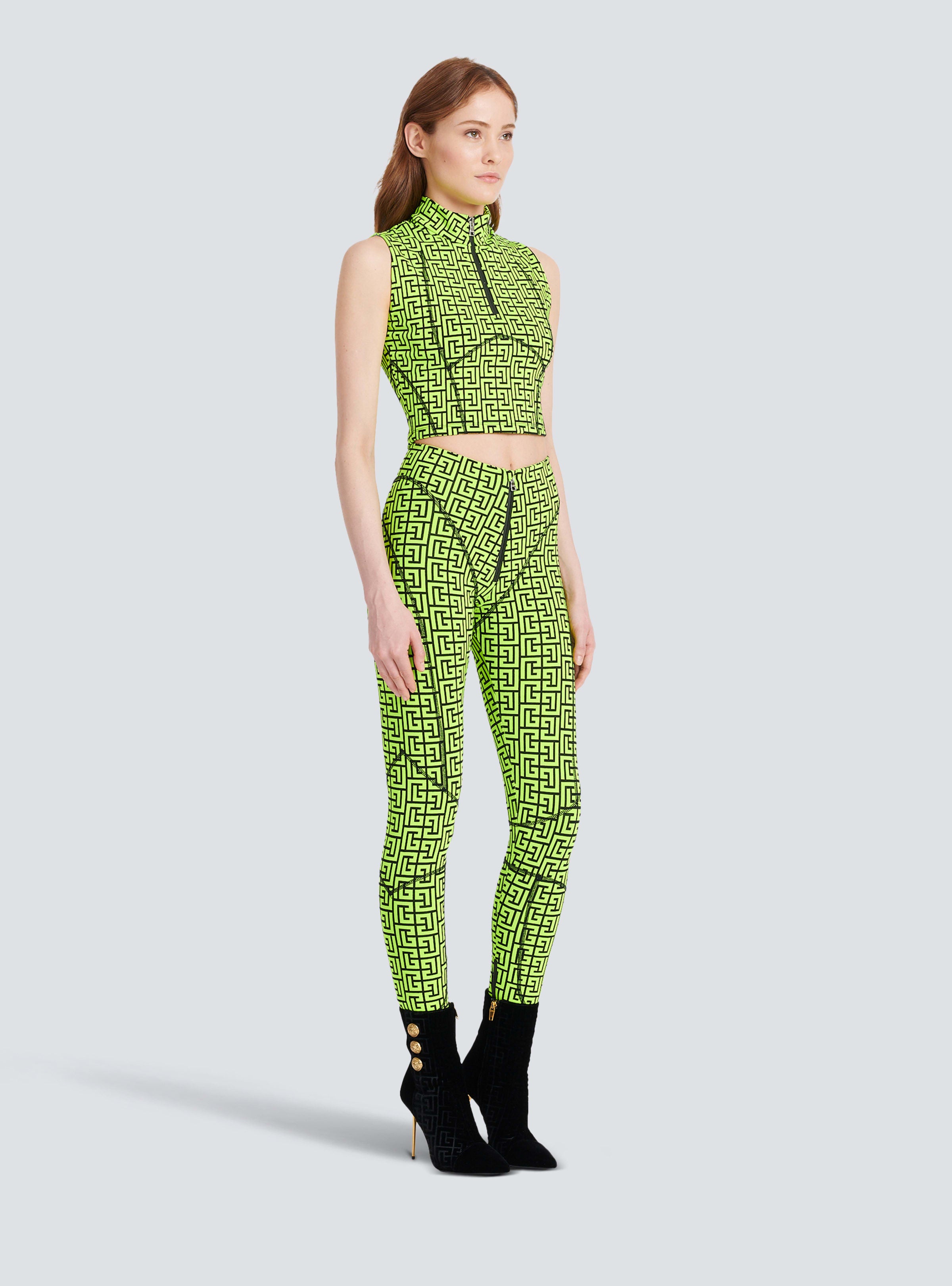 BALMAIN WOMEN'S BLACK NEON YELLOW MONOGRAM LEGGINGS