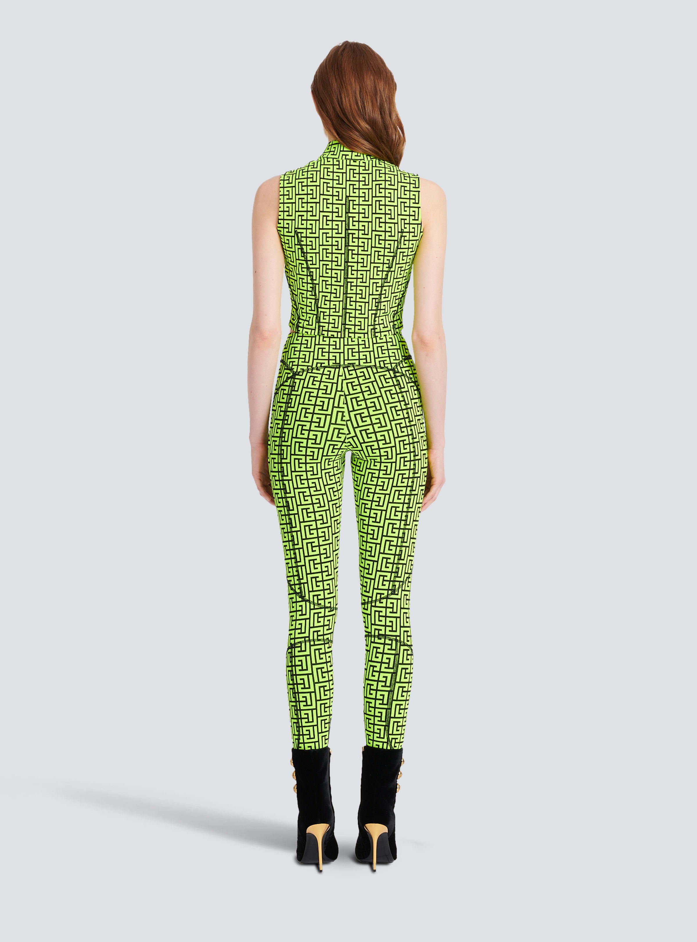 BALMAIN WOMEN'S BLACK NEON YELLOW MONOGRAM LEGGINGS