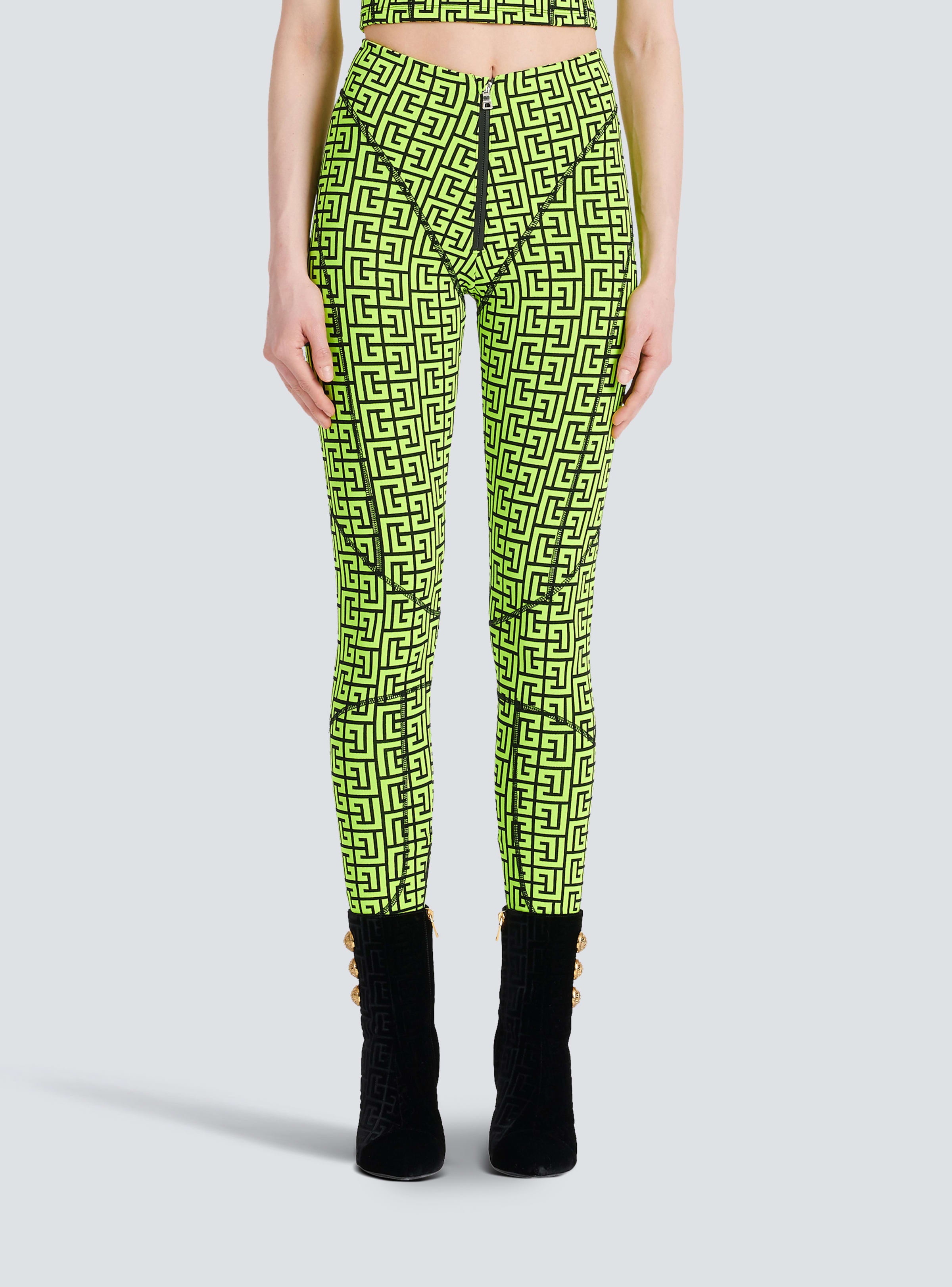 BALMAIN WOMEN'S BLACK NEON YELLOW MONOGRAM LEGGINGS