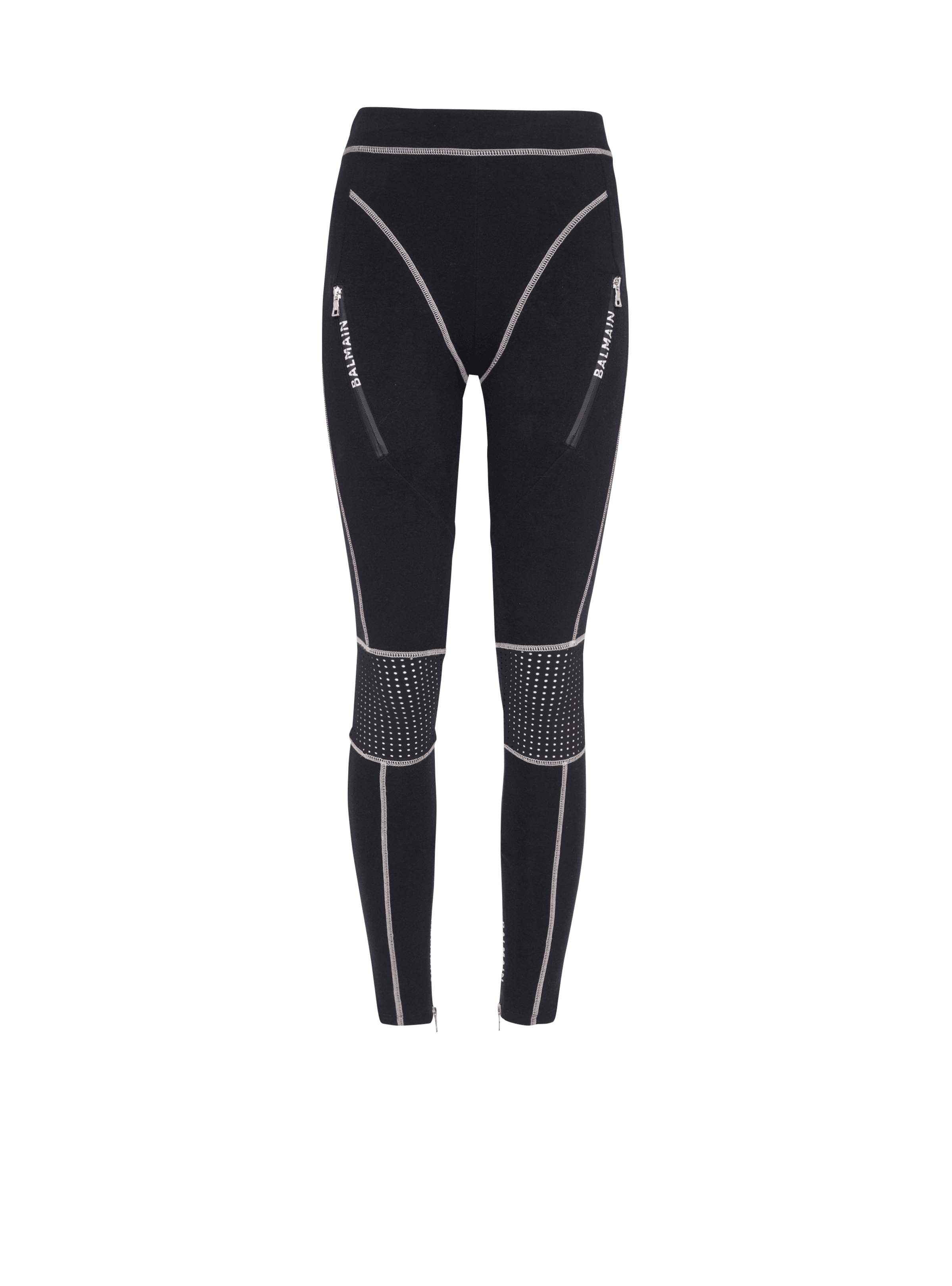 BALMAIN WOMEN'S BLACK ZIPPED JERSEY LEGGINGS