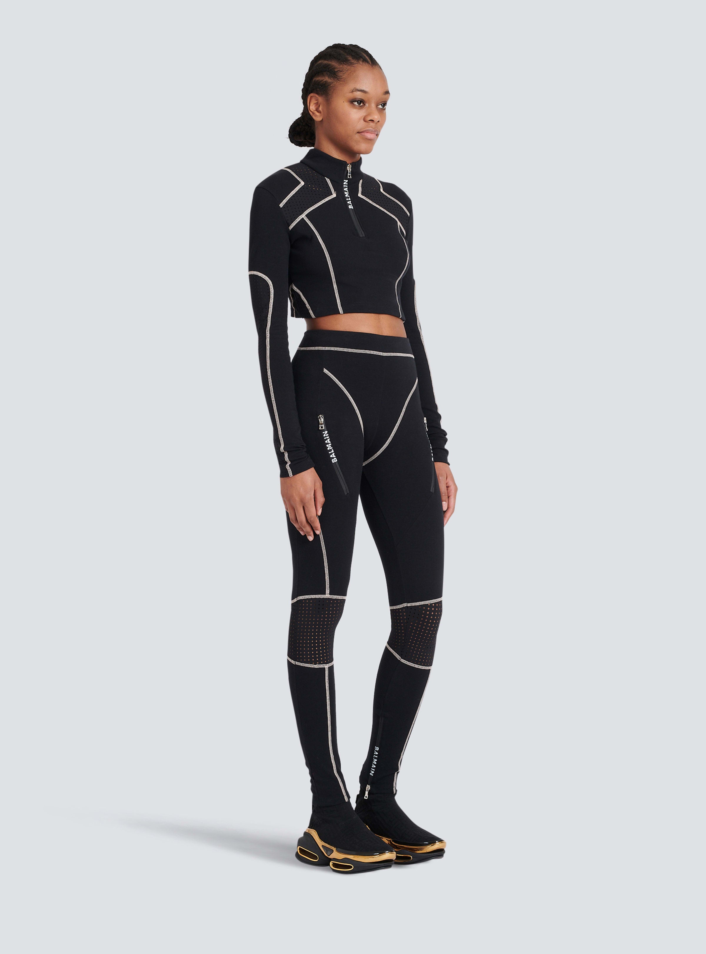 BALMAIN WOMEN'S BLACK ZIPPED JERSEY LEGGINGS