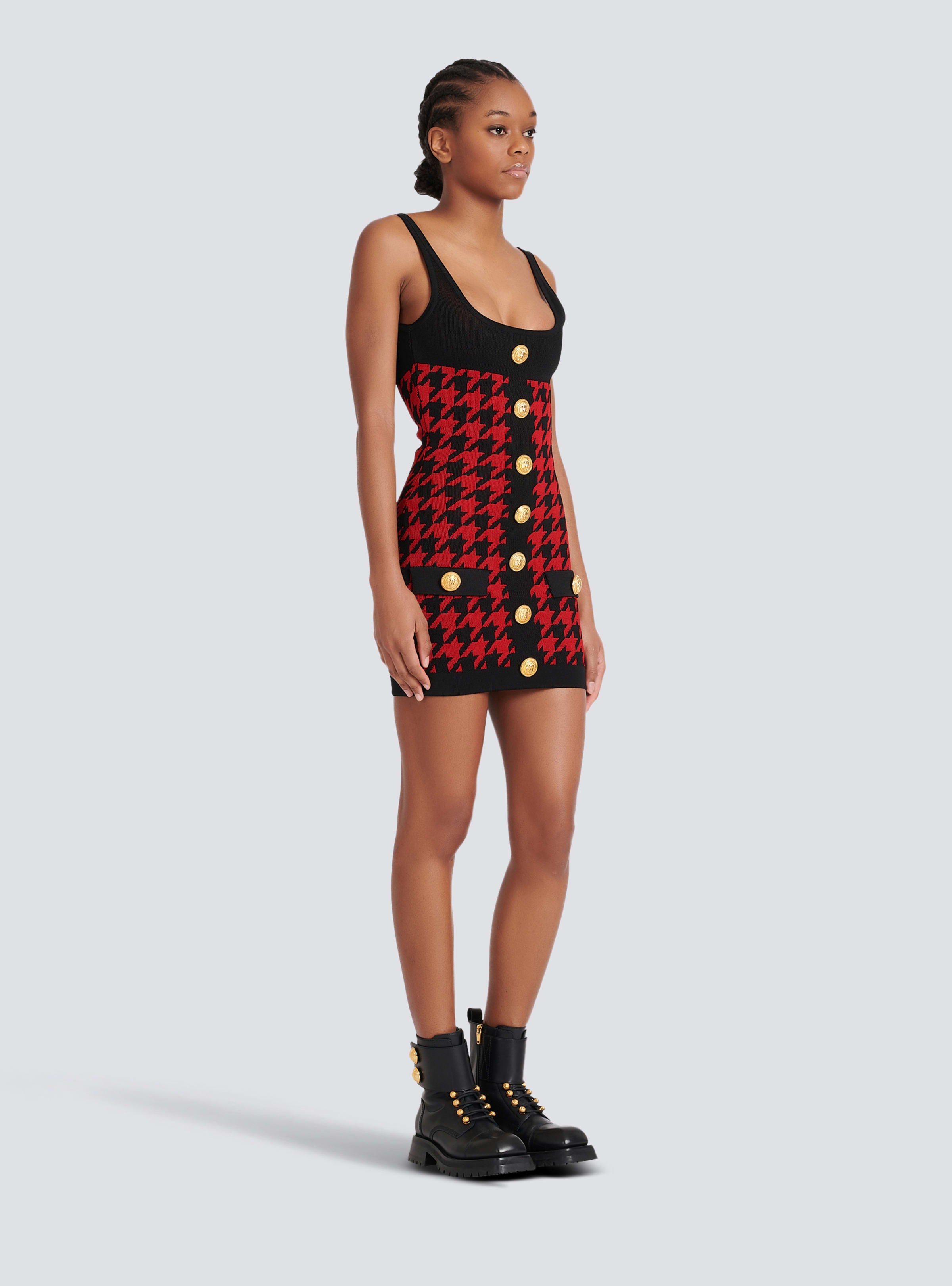 BALMAIN WOMEN'S BLACK RED HOUNDSTOOTH KNIT BODYCON DRESS