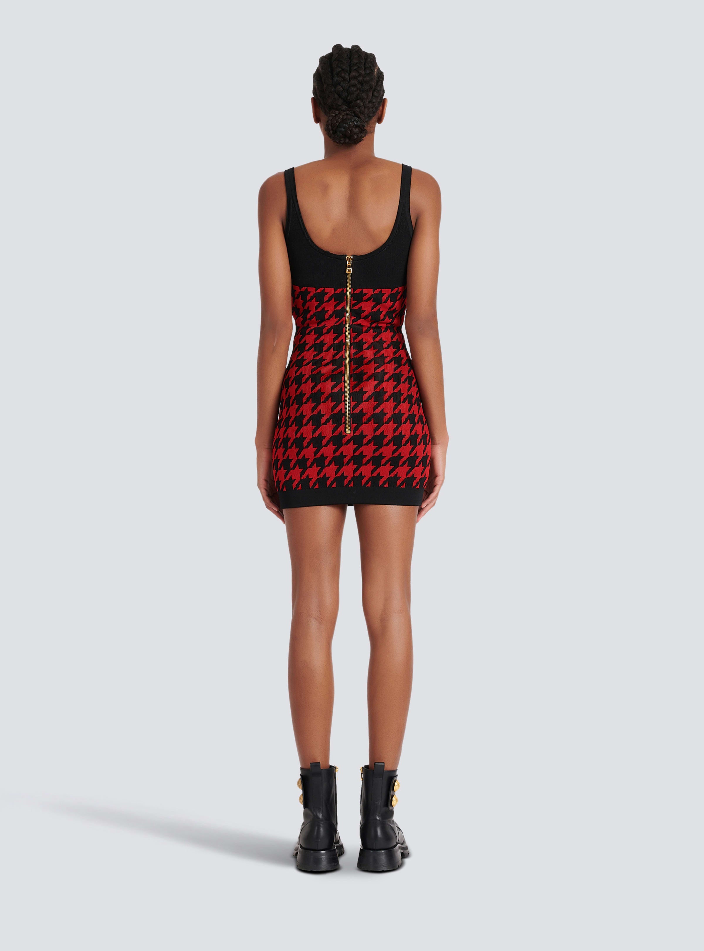 BALMAIN WOMEN'S BLACK RED HOUNDSTOOTH KNIT BODYCON DRESS