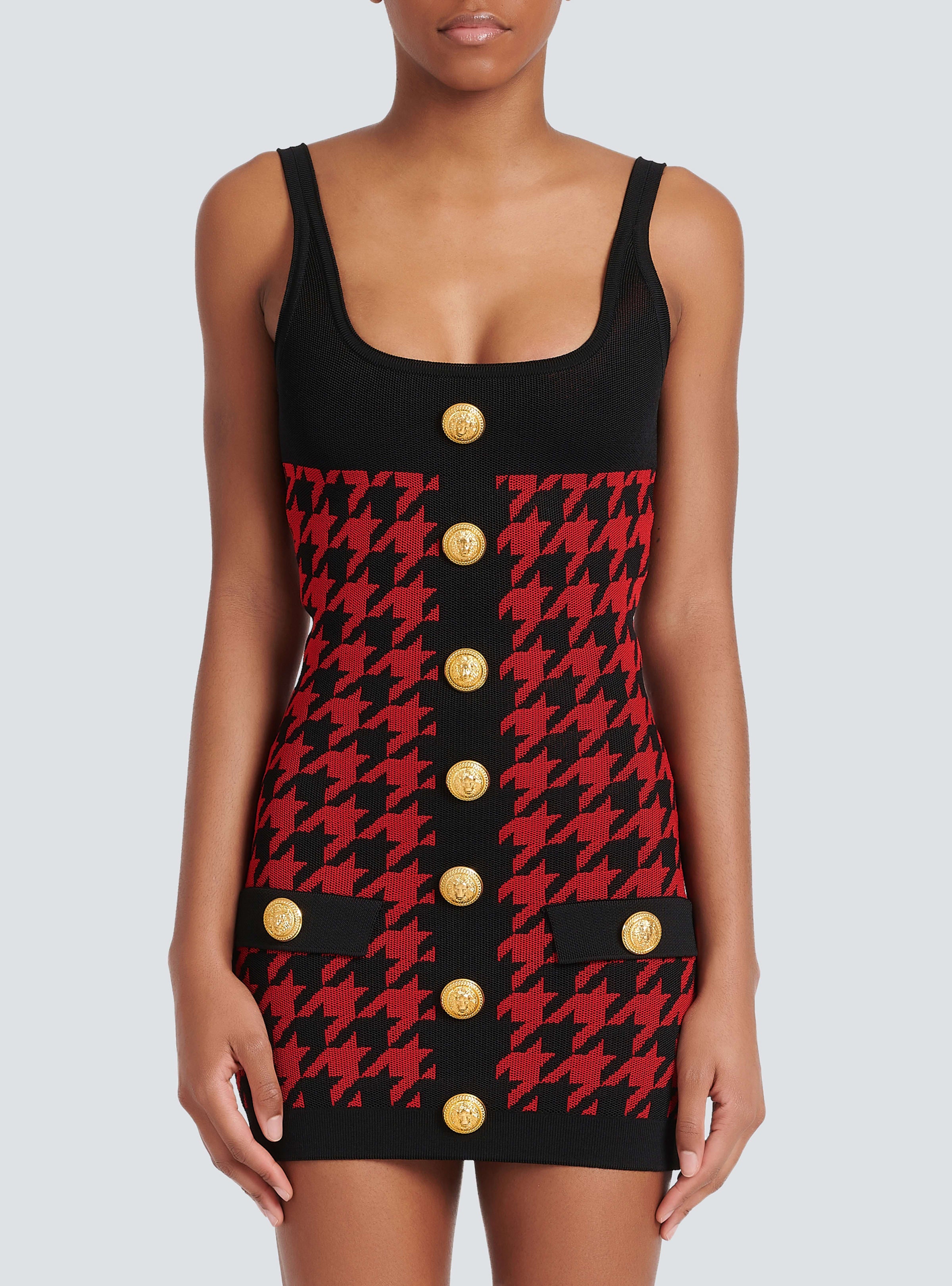 BALMAIN WOMEN'S BLACK RED HOUNDSTOOTH KNIT BODYCON DRESS