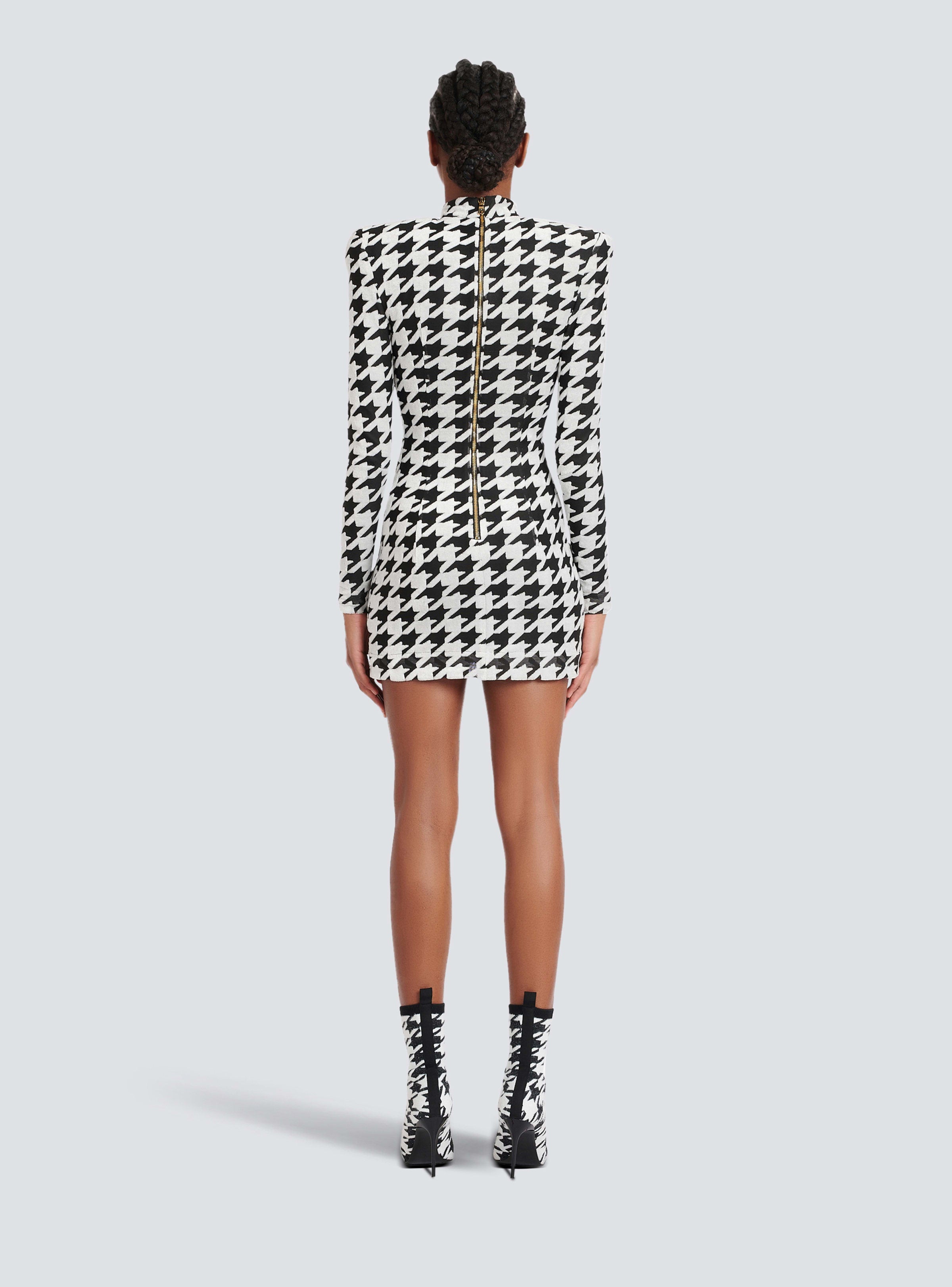 BALMAIN WOMEN'S LS HOUNDSTOOTH VELVET SHORT DRESS NWT