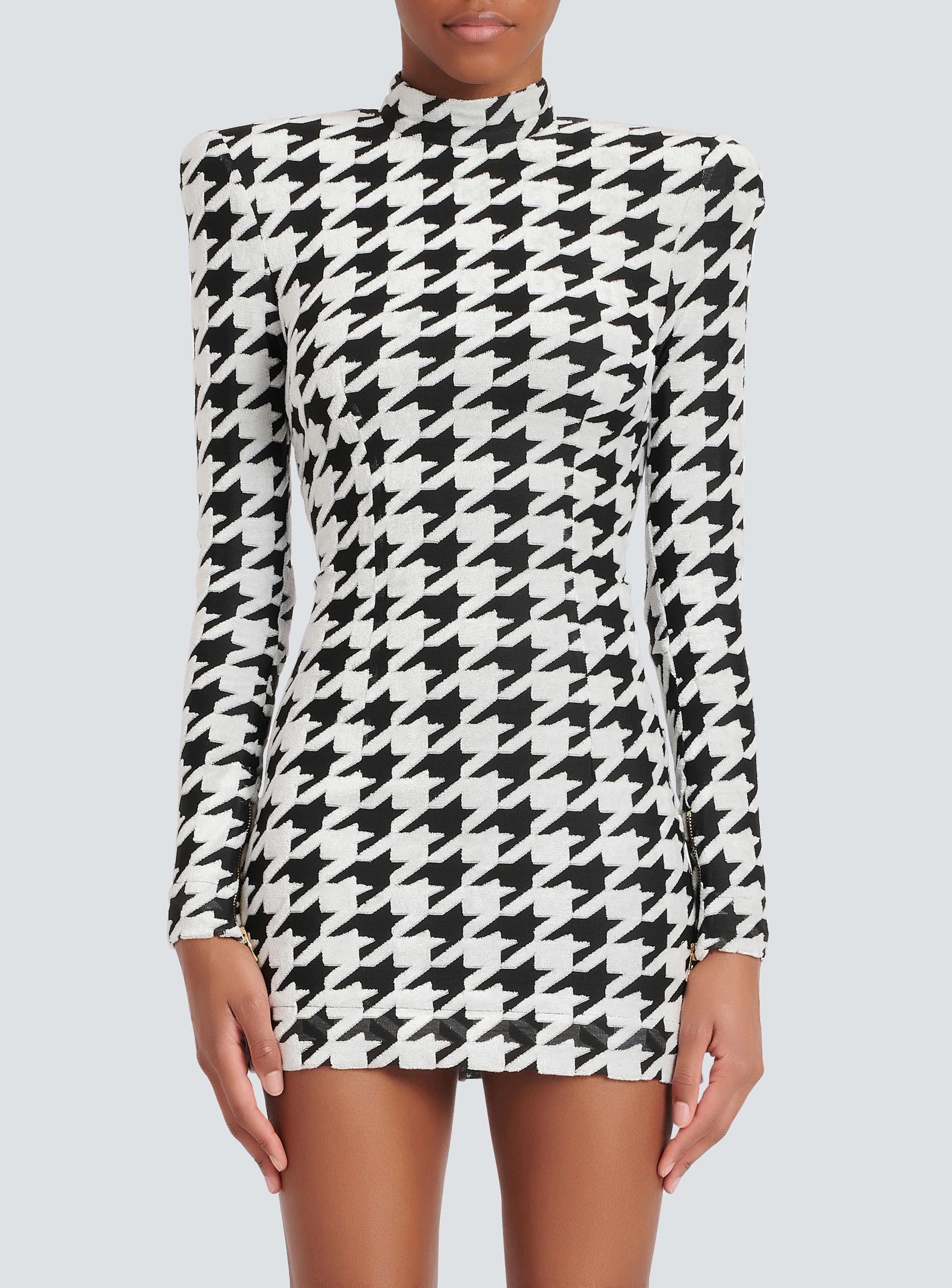 BALMAIN WOMEN'S LS HOUNDSTOOTH VELVET SHORT DRESS NWT