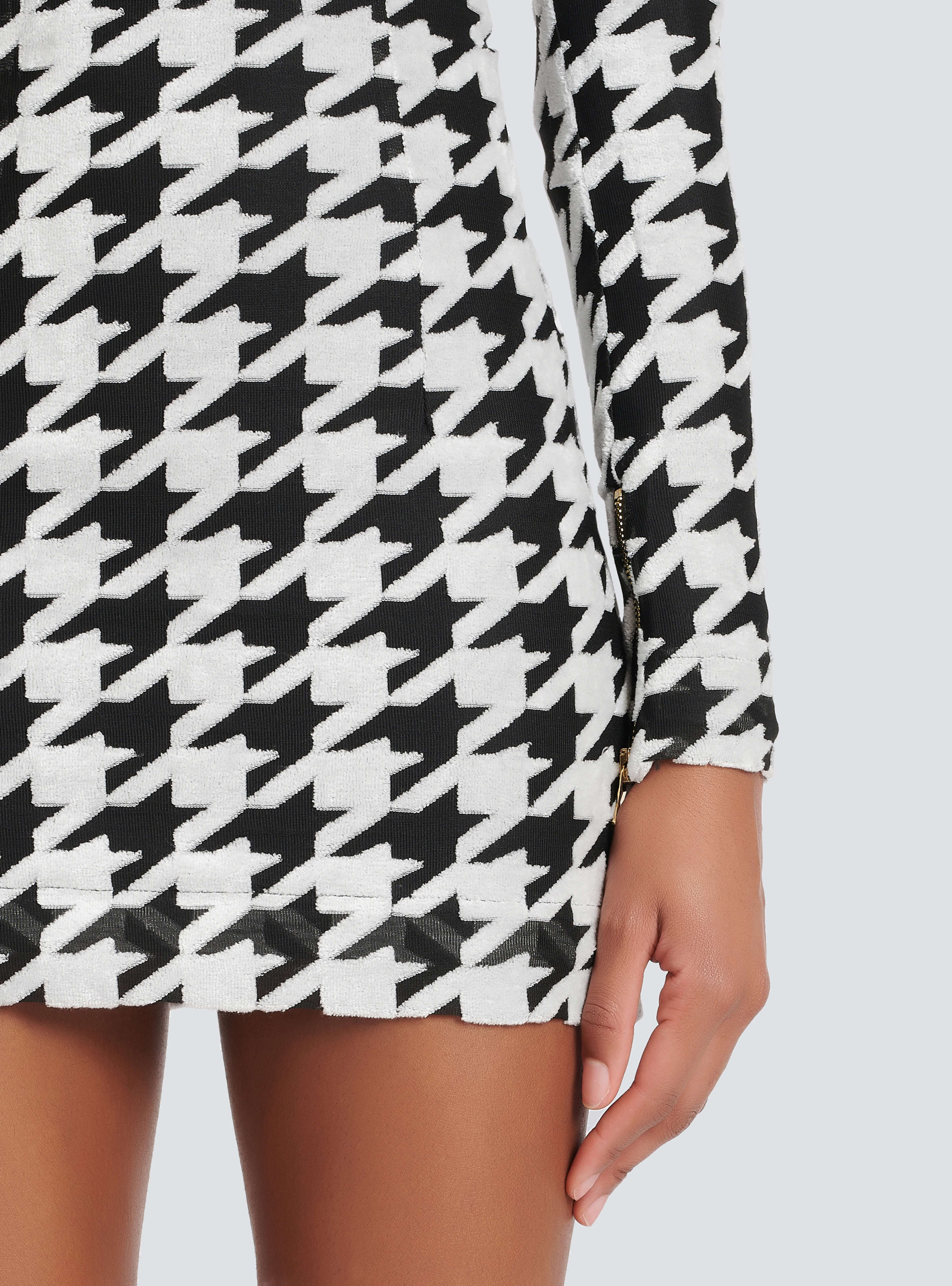 BALMAIN WOMEN'S LS HOUNDSTOOTH VELVET SHORT DRESS NWT