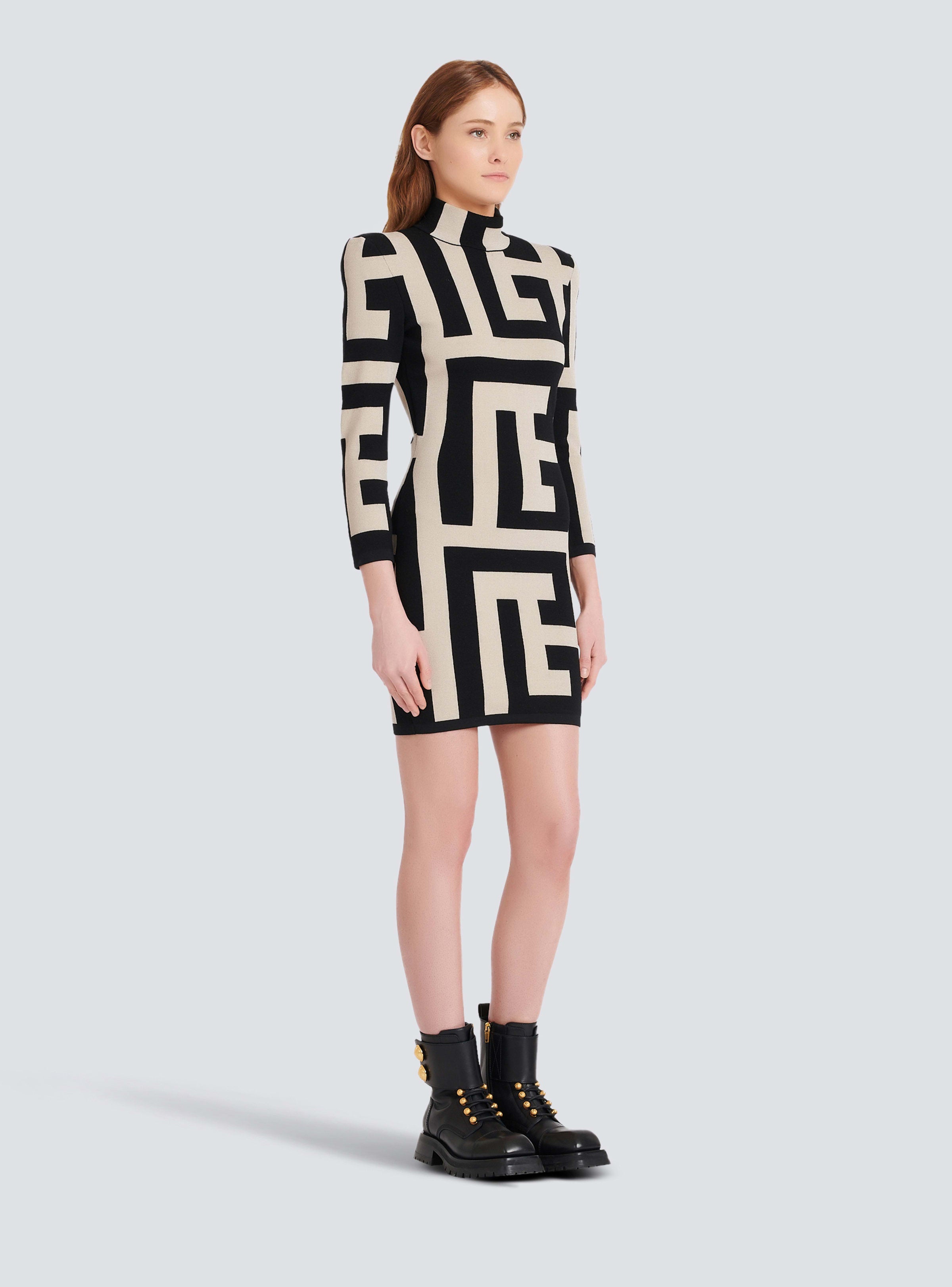 BALMAIN WOMEN'S LS MEGA MONOGRAM KNIT SHORT DRESS NWT