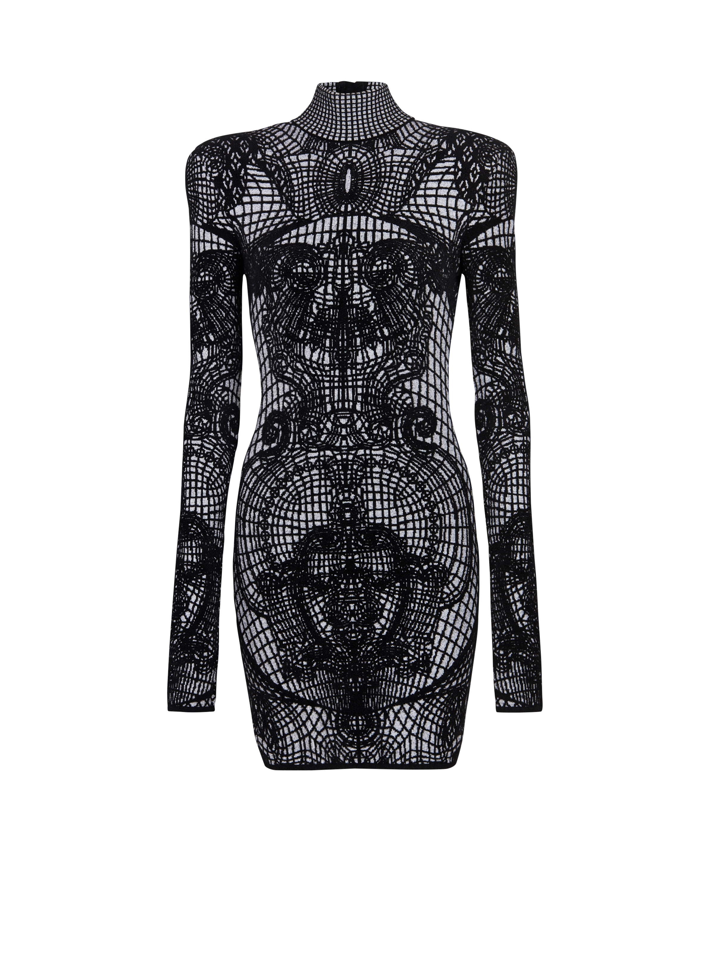 BALMAIN WOMEN'S LS HIGH NECK GRAPHIC VELVET SHORT DRESS NWT