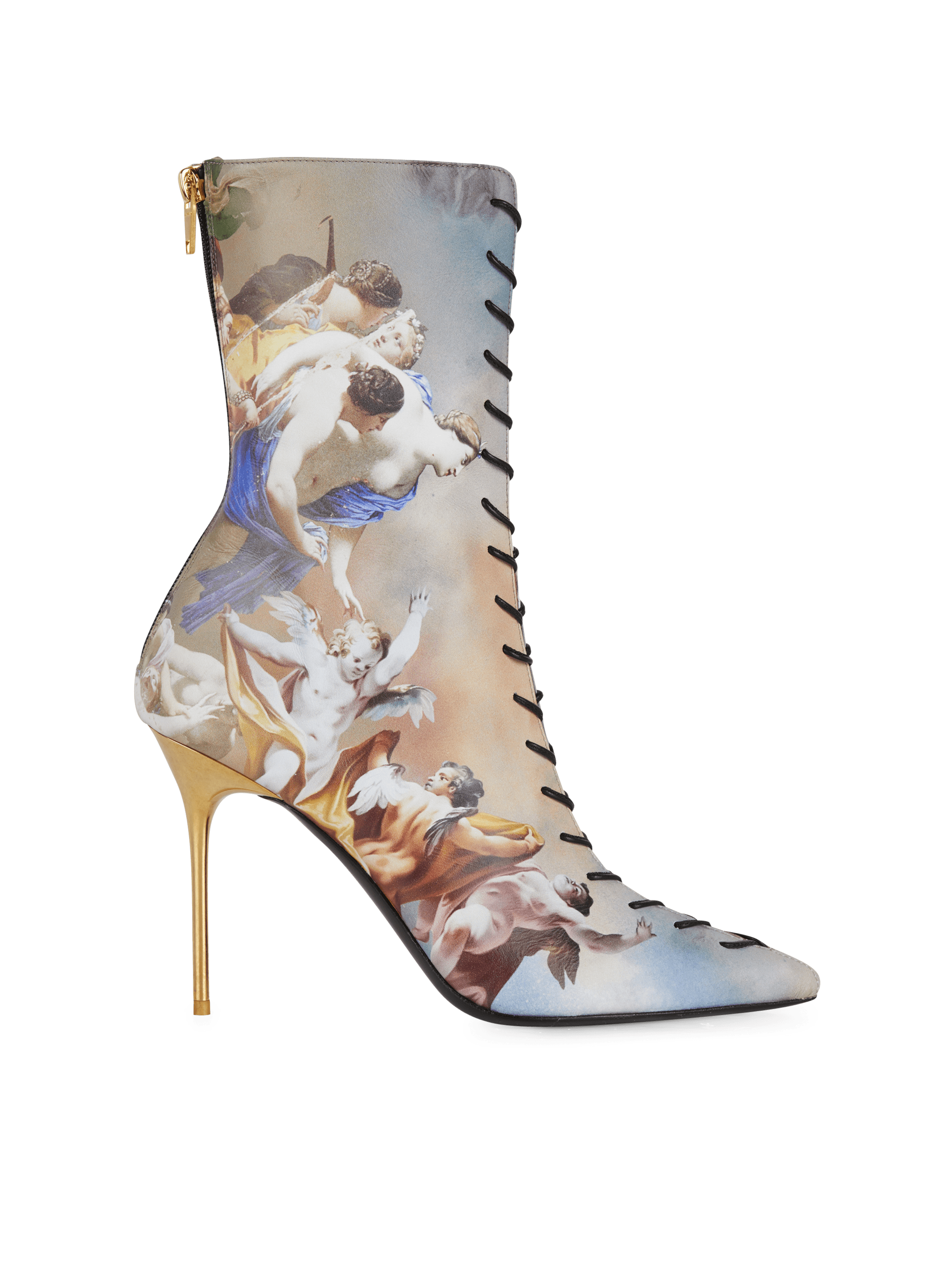 BALMAIN WOMEN'S LIGHT BLUE CALFSKIN SKY PRINT ANKLE BOOT