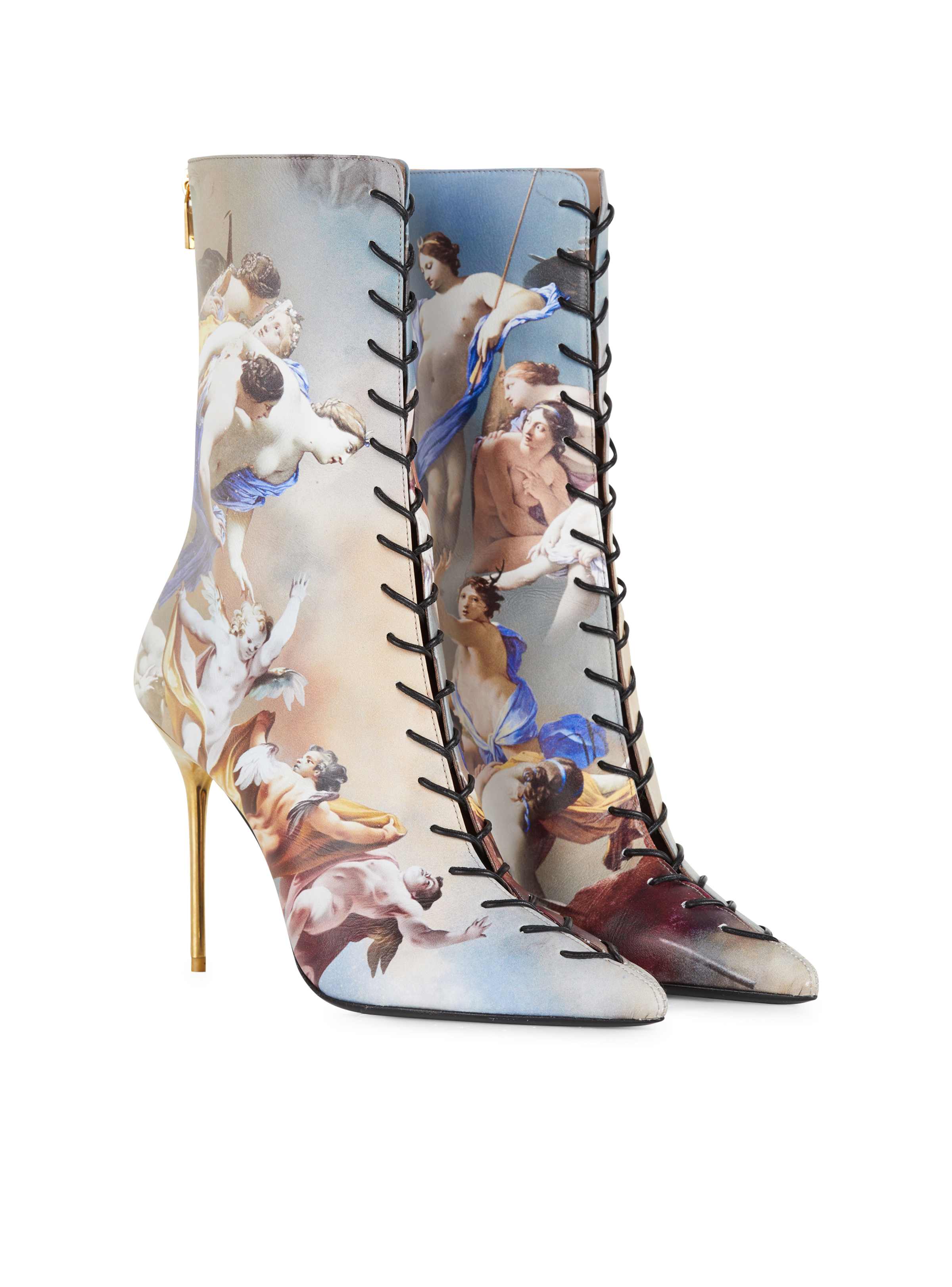 BALMAIN WOMEN'S LIGHT BLUE CALFSKIN SKY PRINT ANKLE BOOT
