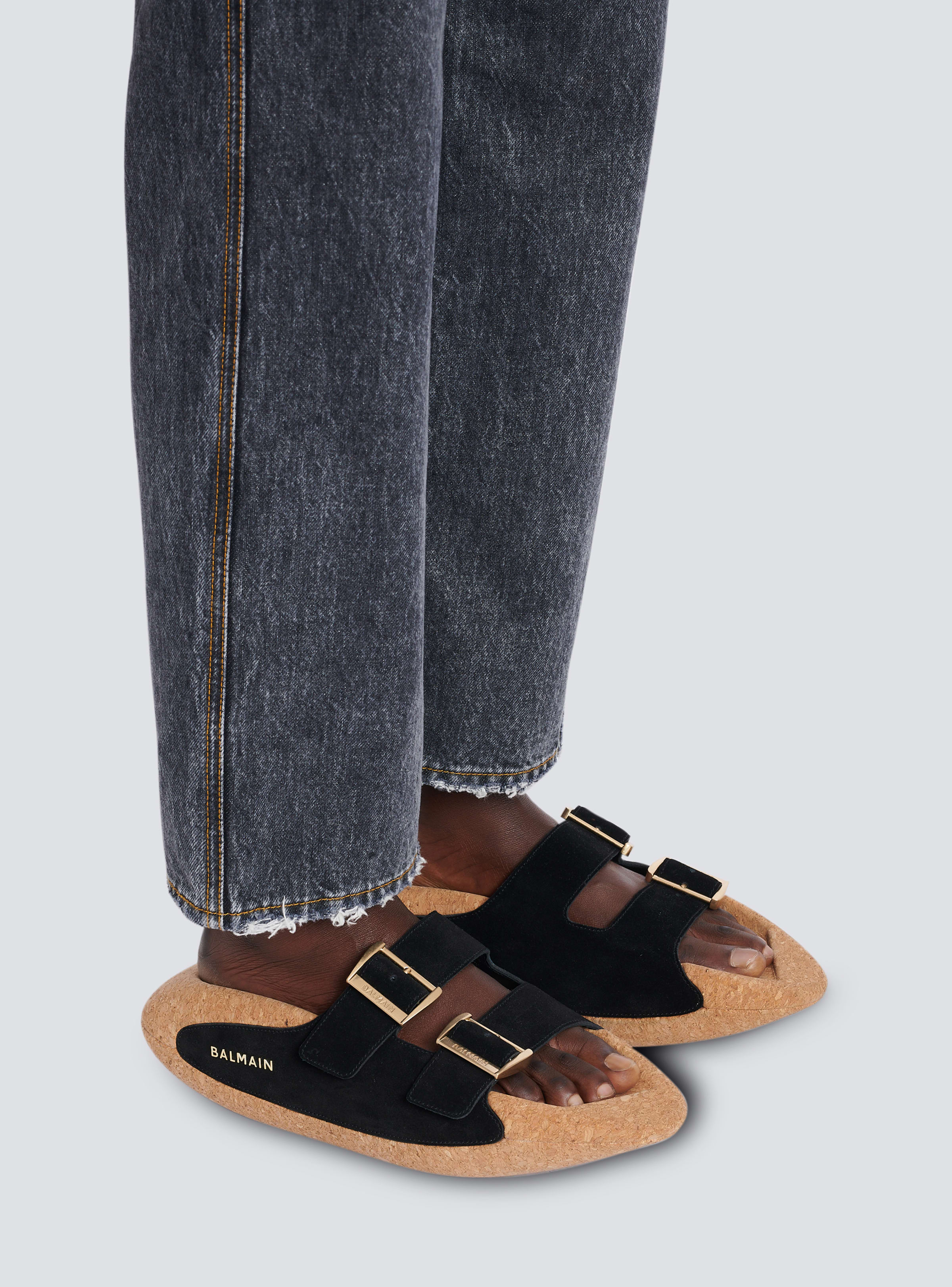 BALMAIN WOMEN'S BLACK SUEDE CORK SLIP-ON SANDALS