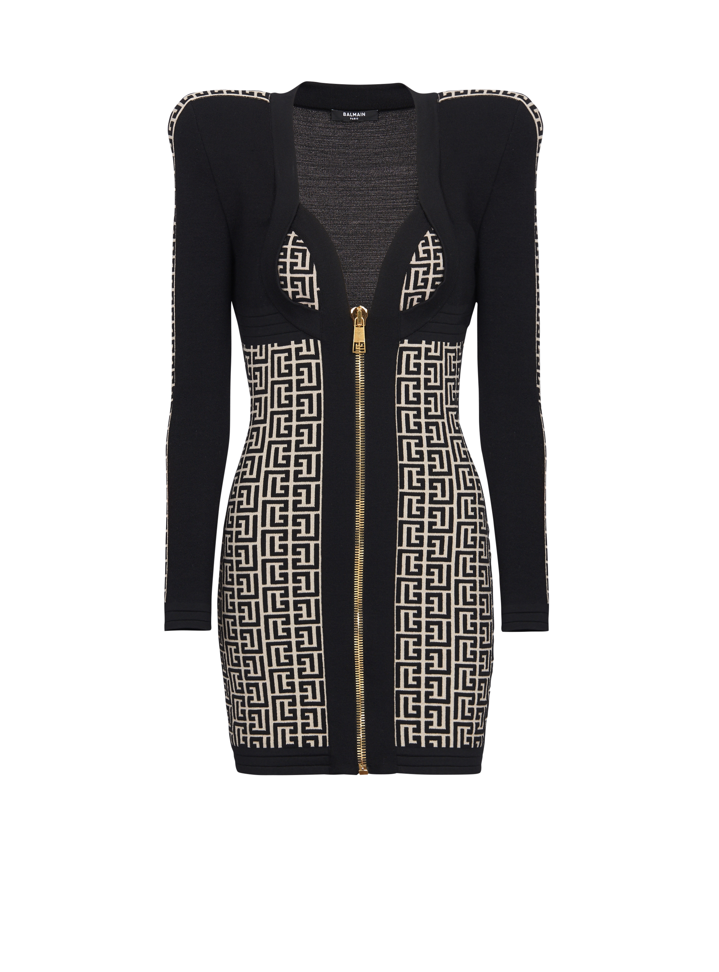 BALMAIN WOMEN'S LS MONOGRAM KNIT MIX ZIPPED SHORT DRESS NWT