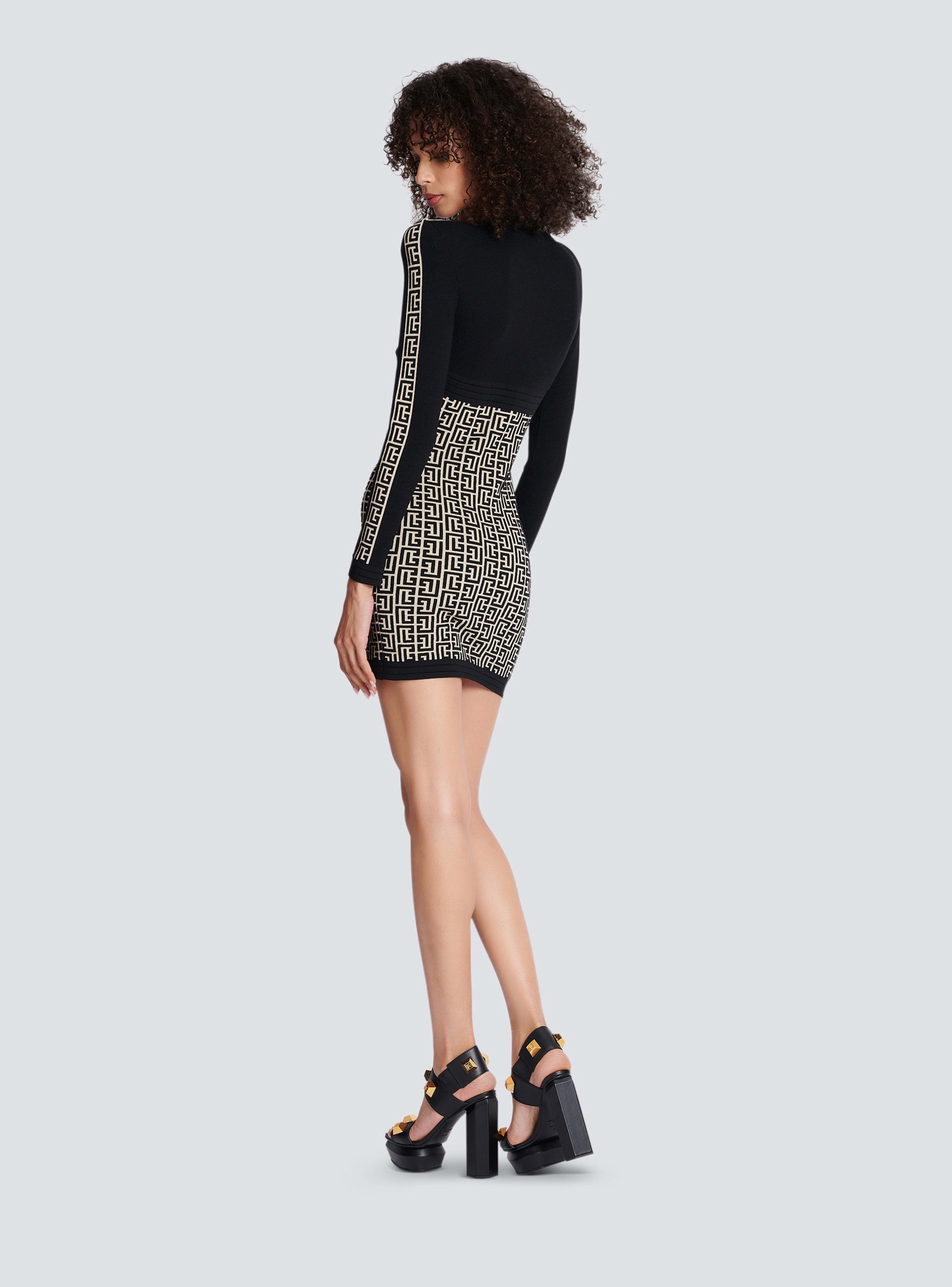 BALMAIN WOMEN'S LS MONOGRAM KNIT MIX ZIPPED SHORT DRESS NWT