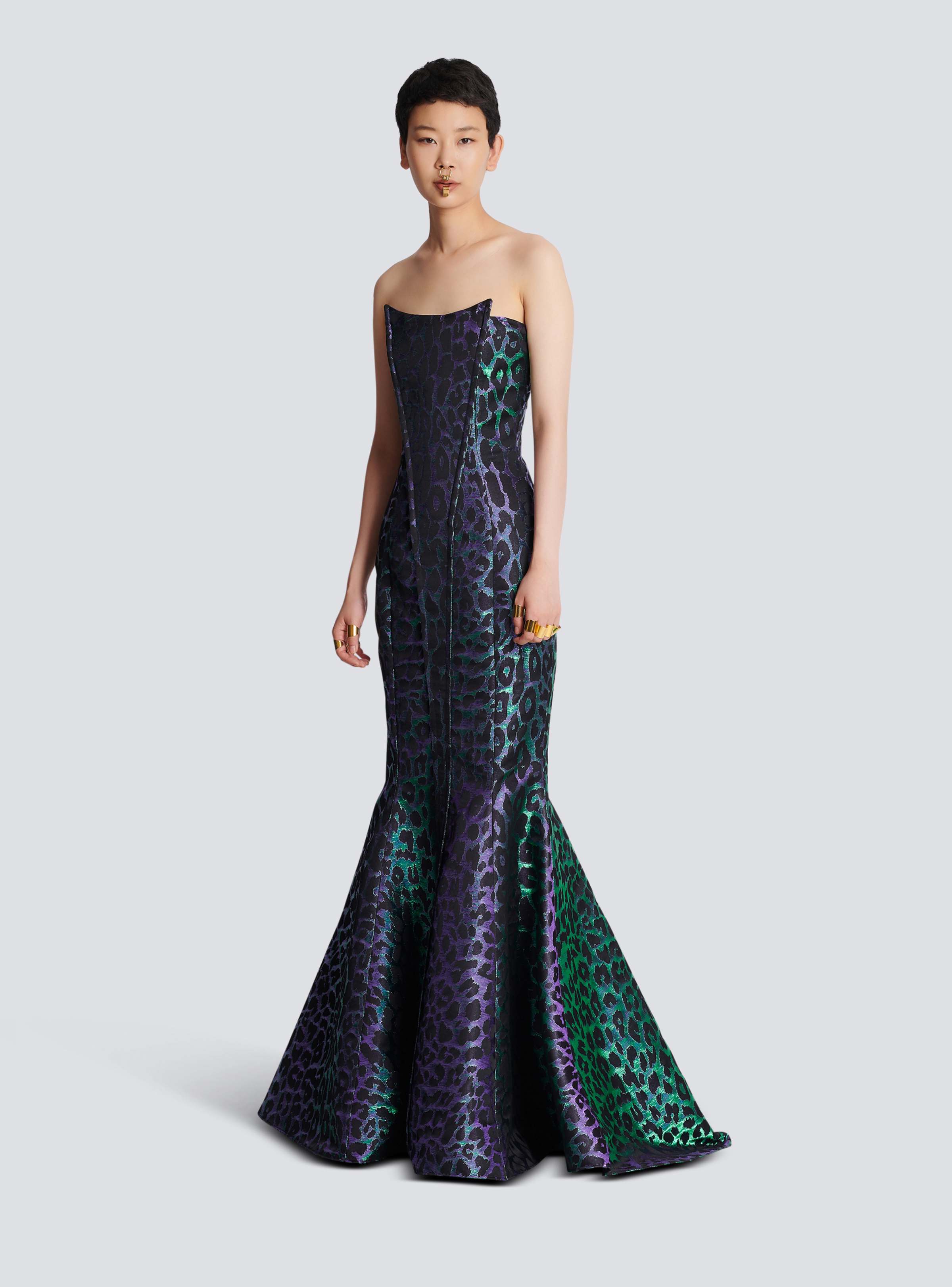 BALMAIN WOMEN'S IRIDESCENT LEOPARD BUSTIER LONG DRESS NWT
