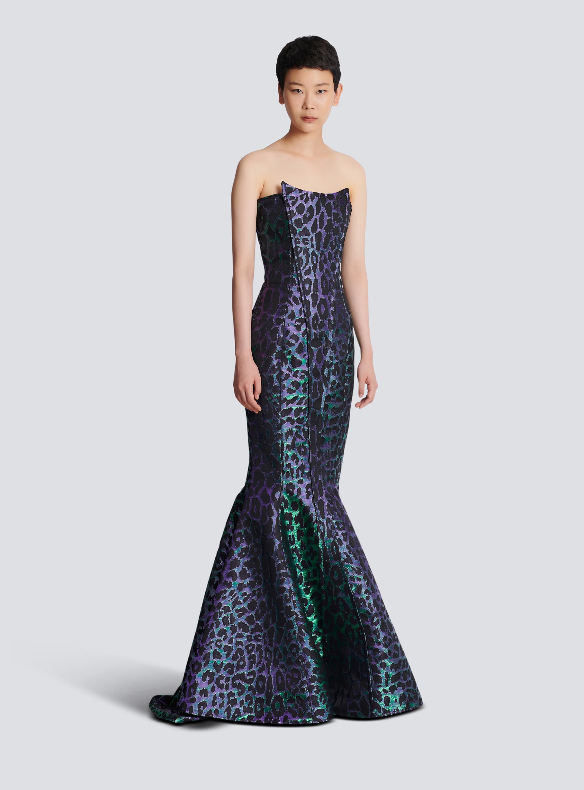 BALMAIN WOMEN'S IRIDESCENT LEOPARD BUSTIER LONG DRESS NWT