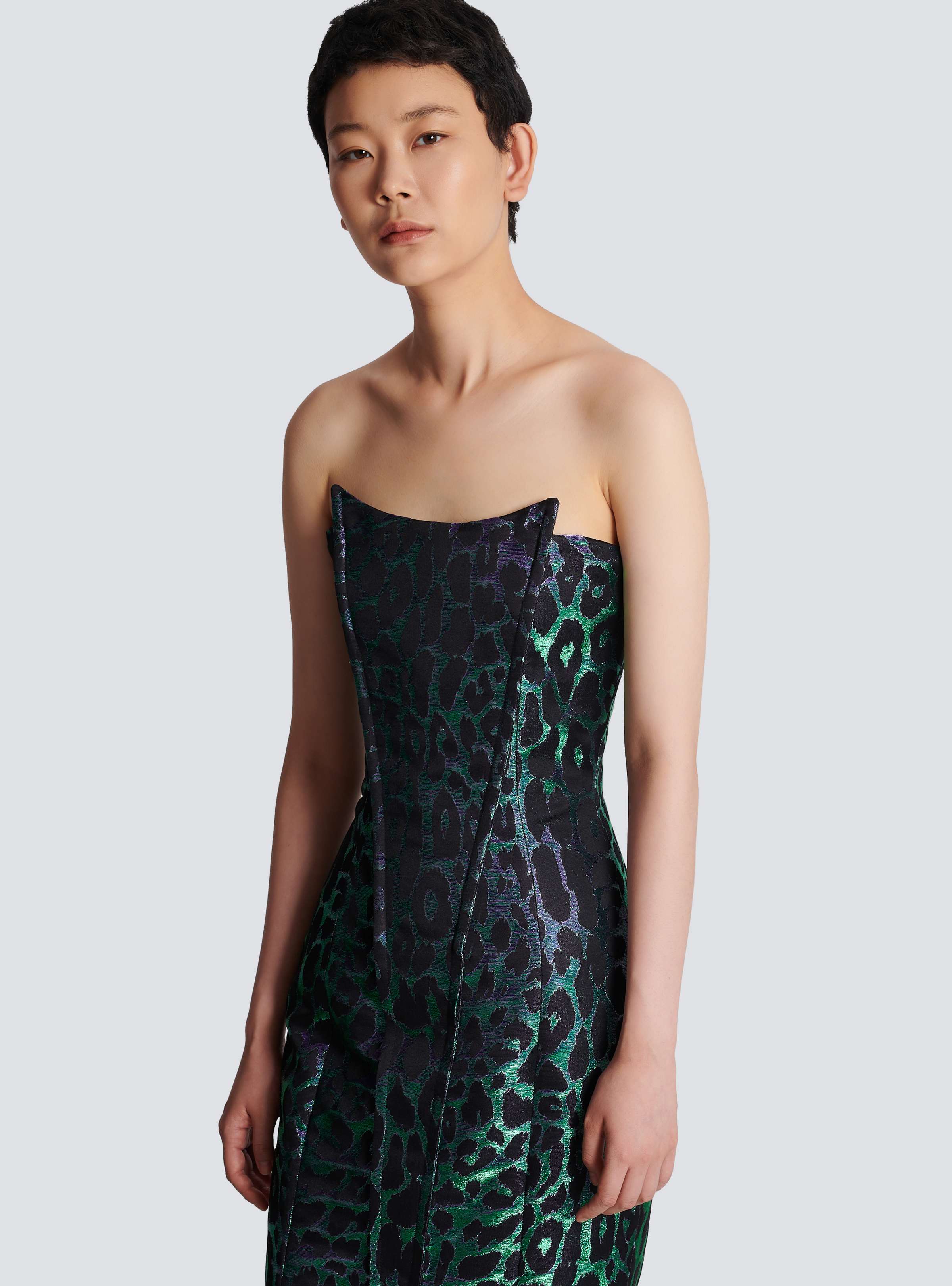 BALMAIN WOMEN'S IRIDESCENT LEOPARD BUSTIER LONG DRESS NWT