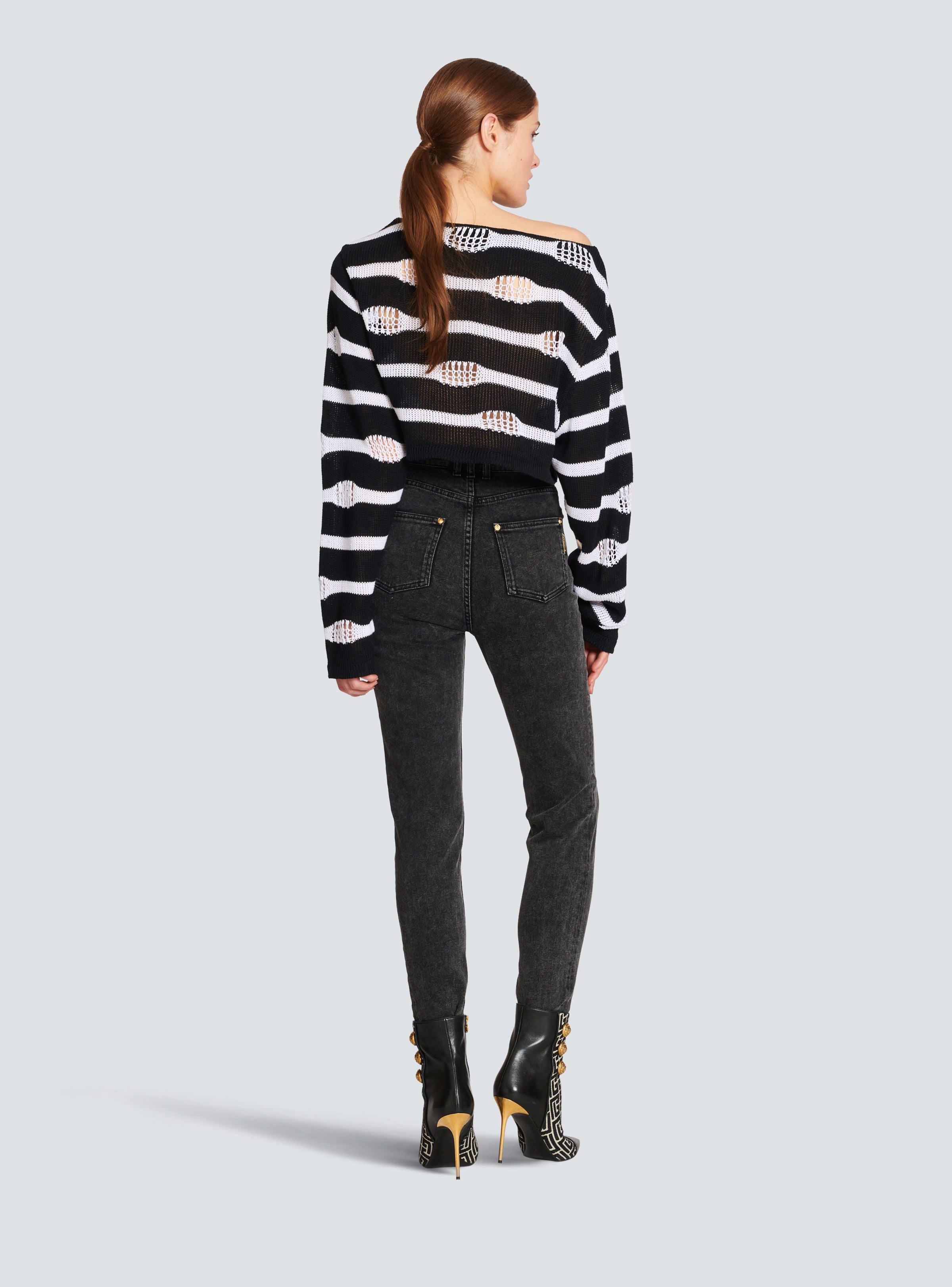 BALMAIN WOMEN'S OFF-SHOULDER DESTROY STRIPED CROP TOP NWT