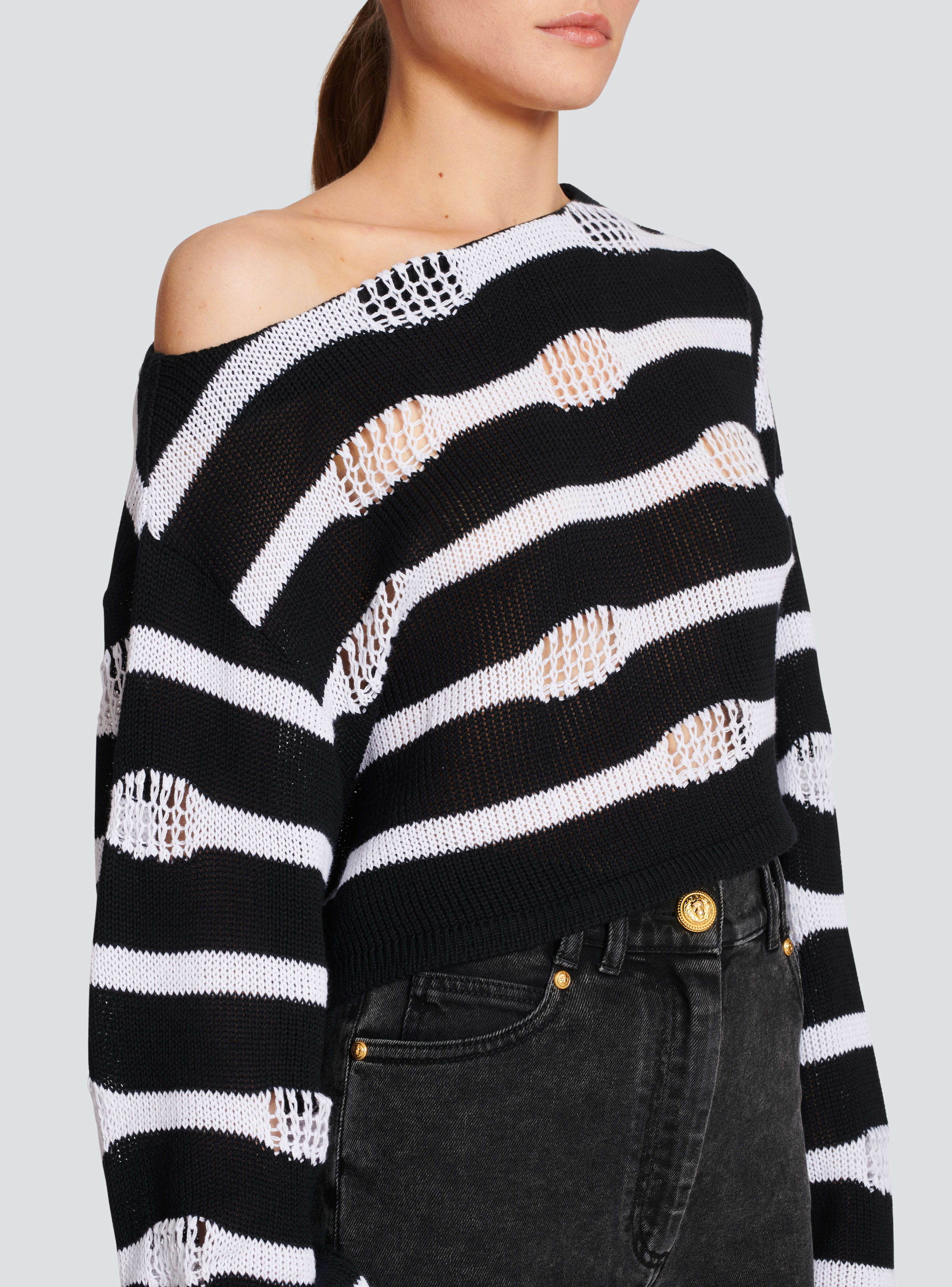 BALMAIN WOMEN'S OFF-SHOULDER DESTROY STRIPED CROP TOP NWT