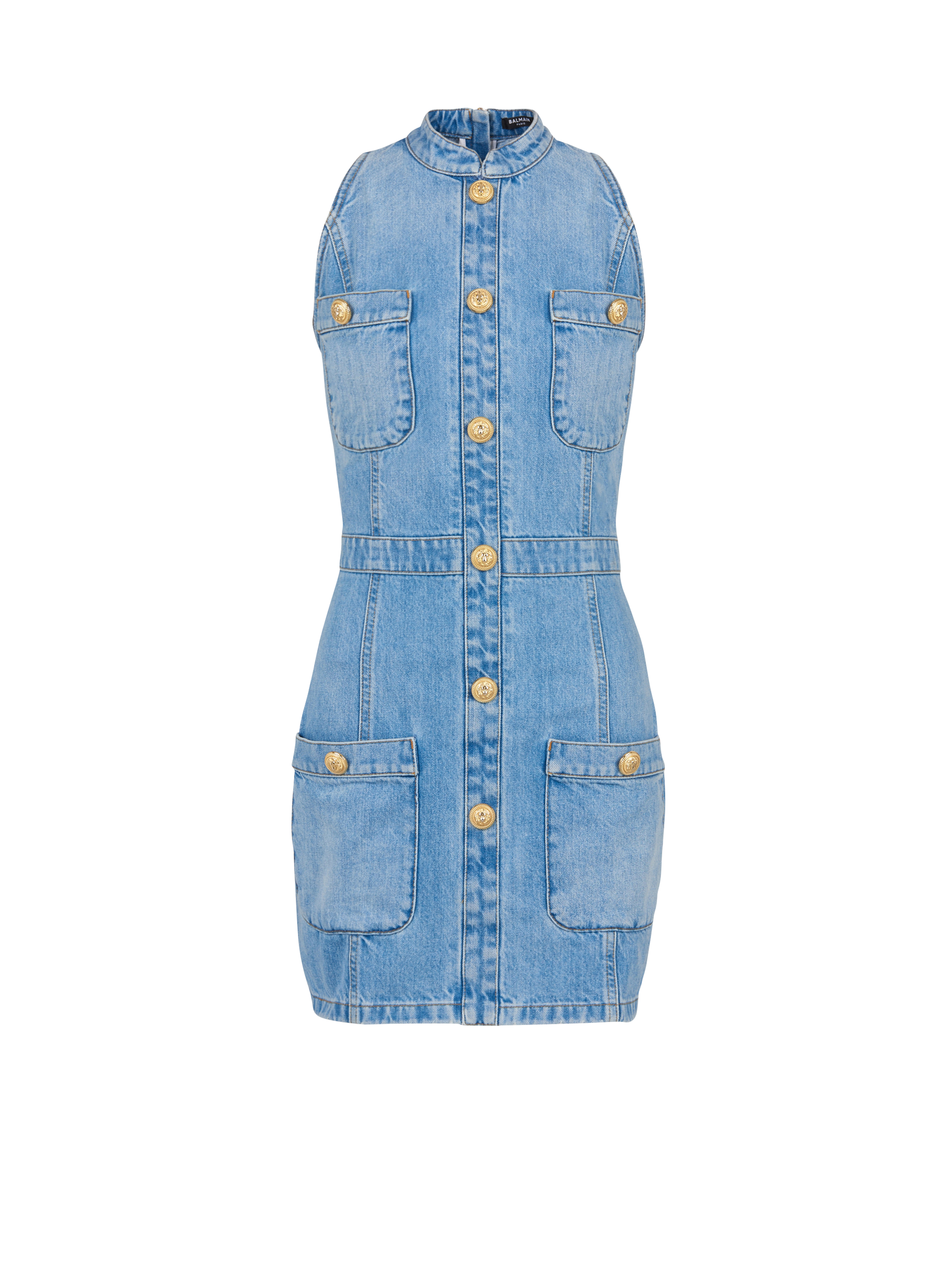 BALMAIN WOMEN'S LIGHT BLUE DENIM SLEEVELESS DRESS
