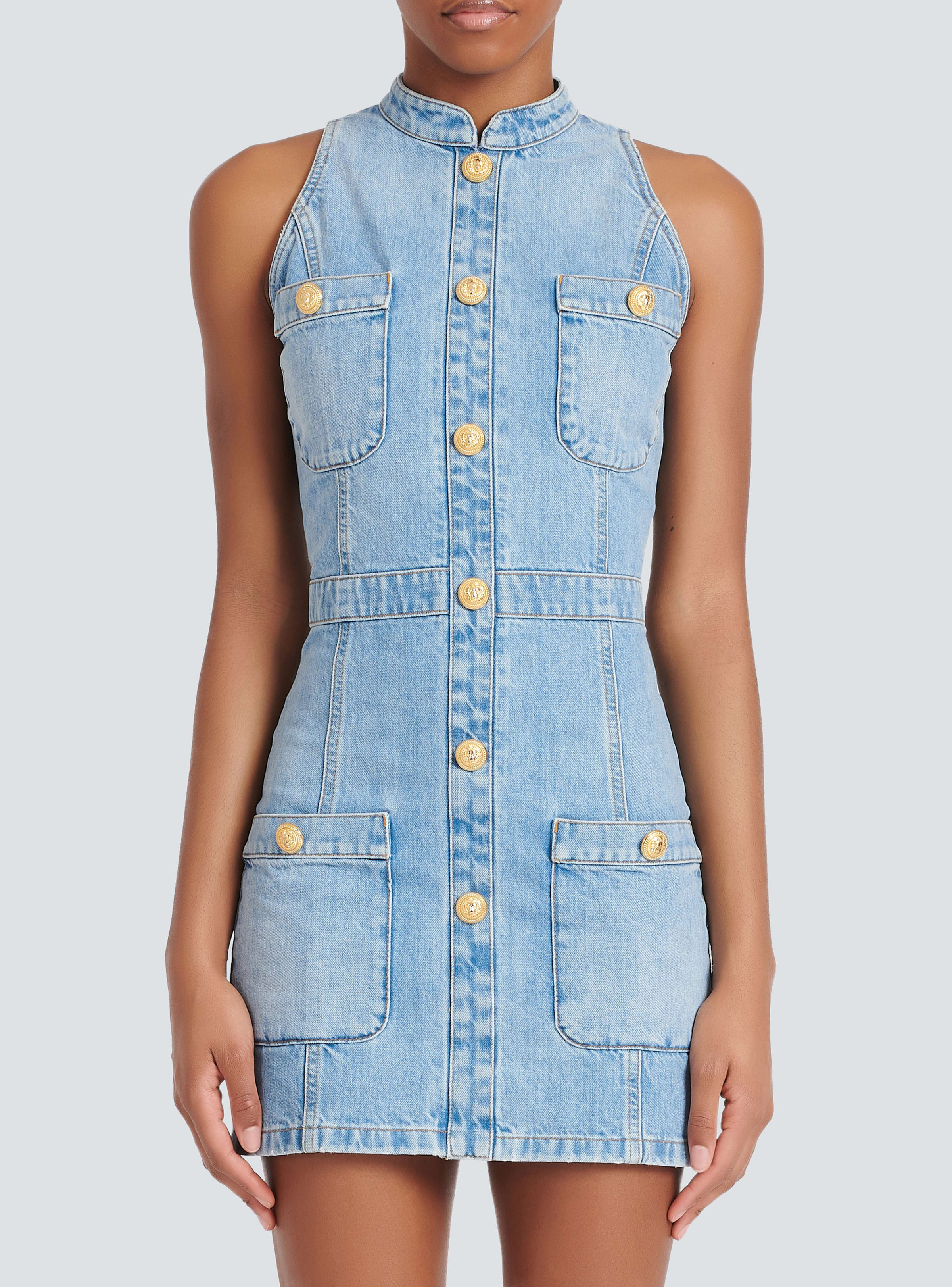 BALMAIN WOMEN'S LIGHT BLUE DENIM SLEEVELESS DRESS