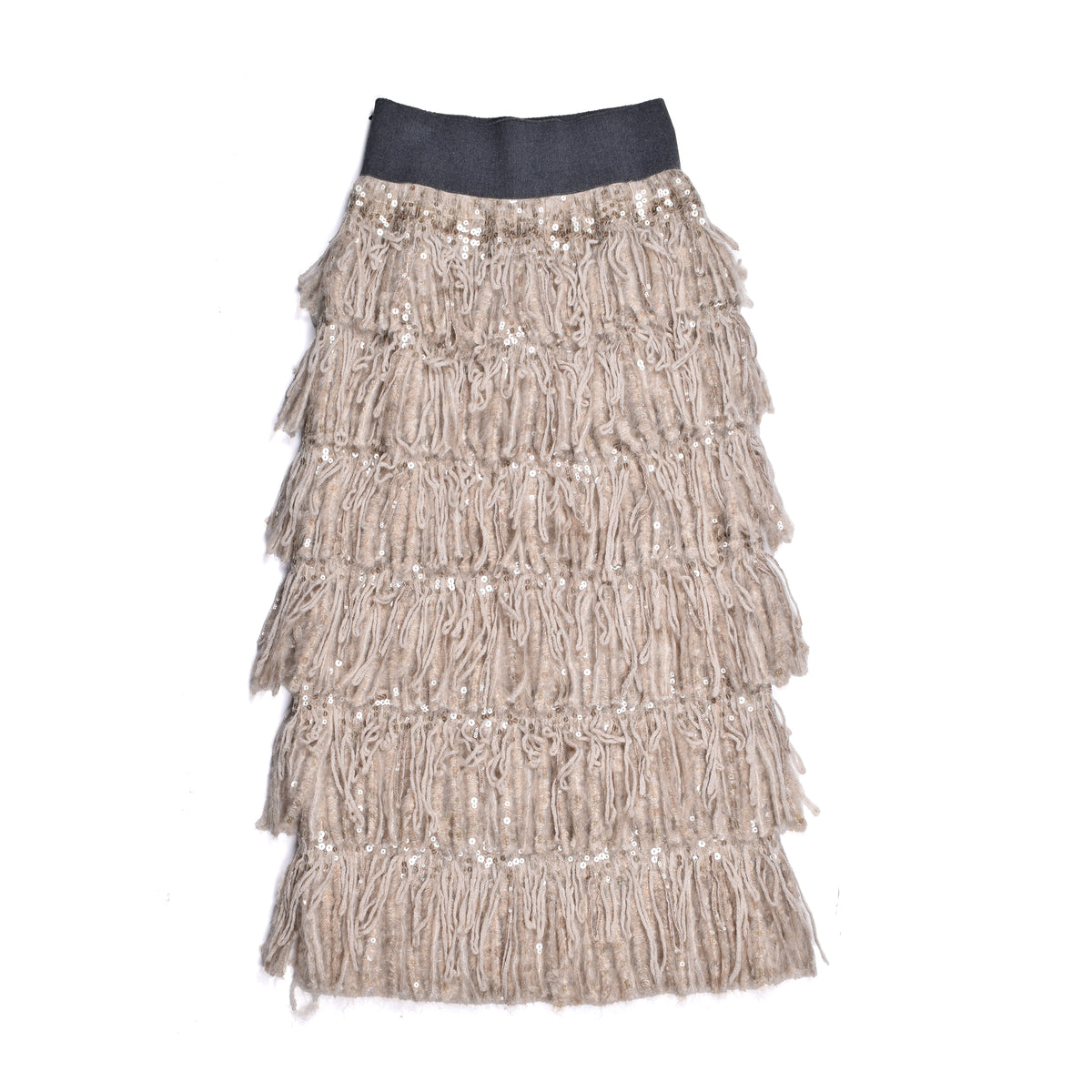 BRUNELLO CUCINELLI WOMEN'S BEIGE WOOL FRINGE SKIRT