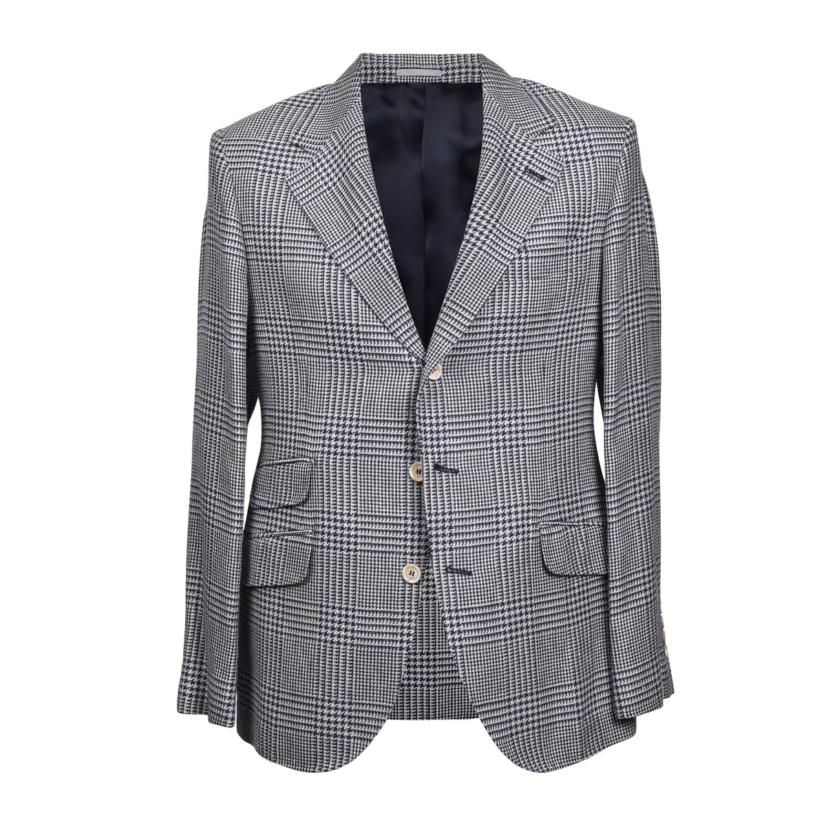 BRUNELLO CUCINELLI MEN'S NAVY WOOL SILK HOUNDSTOOTH BLAZER