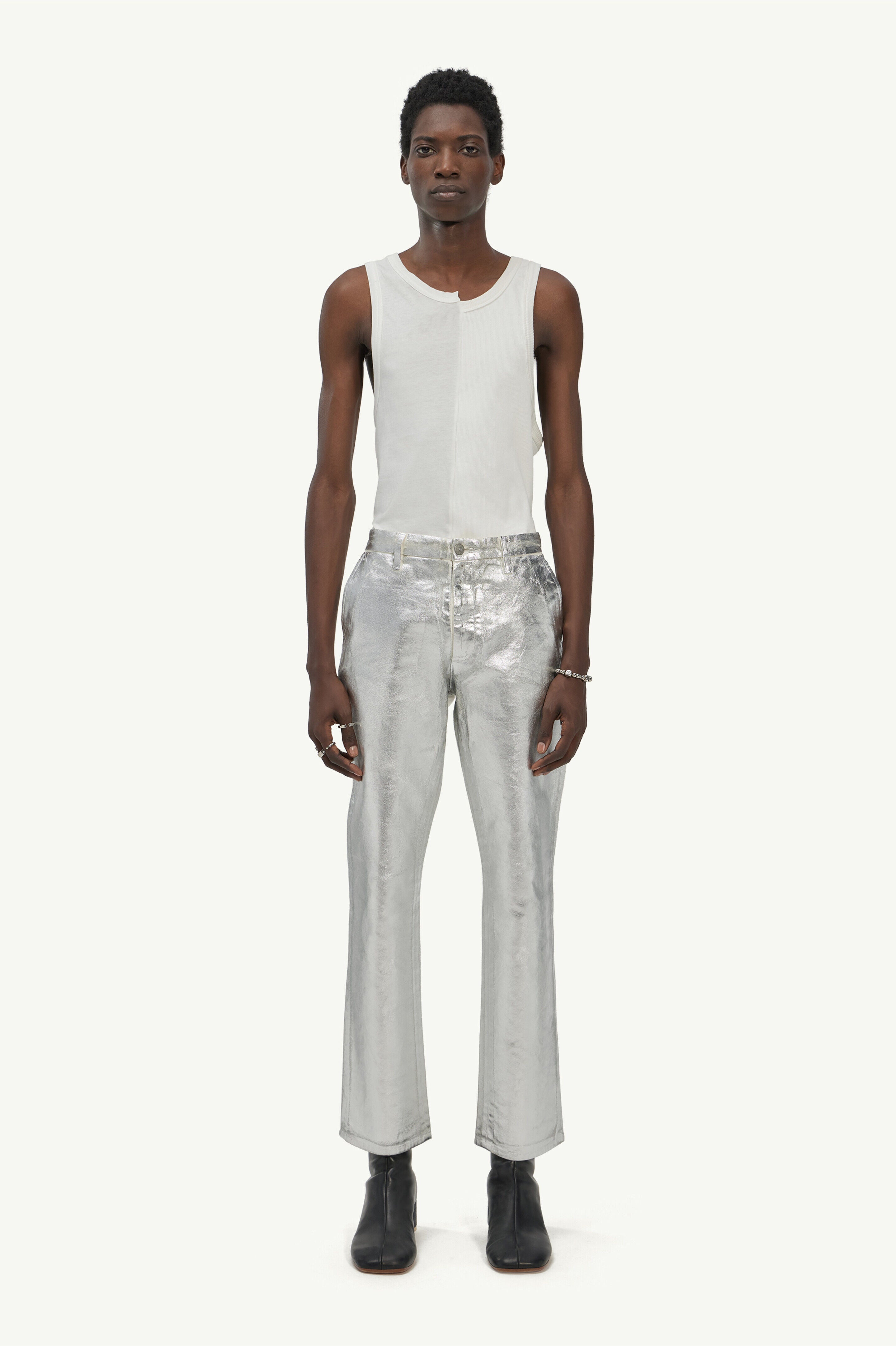 MAISON MARGIELA MEN'S SILVER METALLIC TAILORED TROUSERS