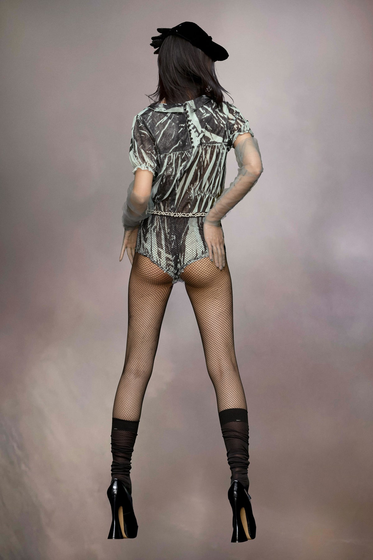 MAISON MARGIELA MEN'S BLACK FISHNET LEGGINGS WITH EMBELLISHMENTS